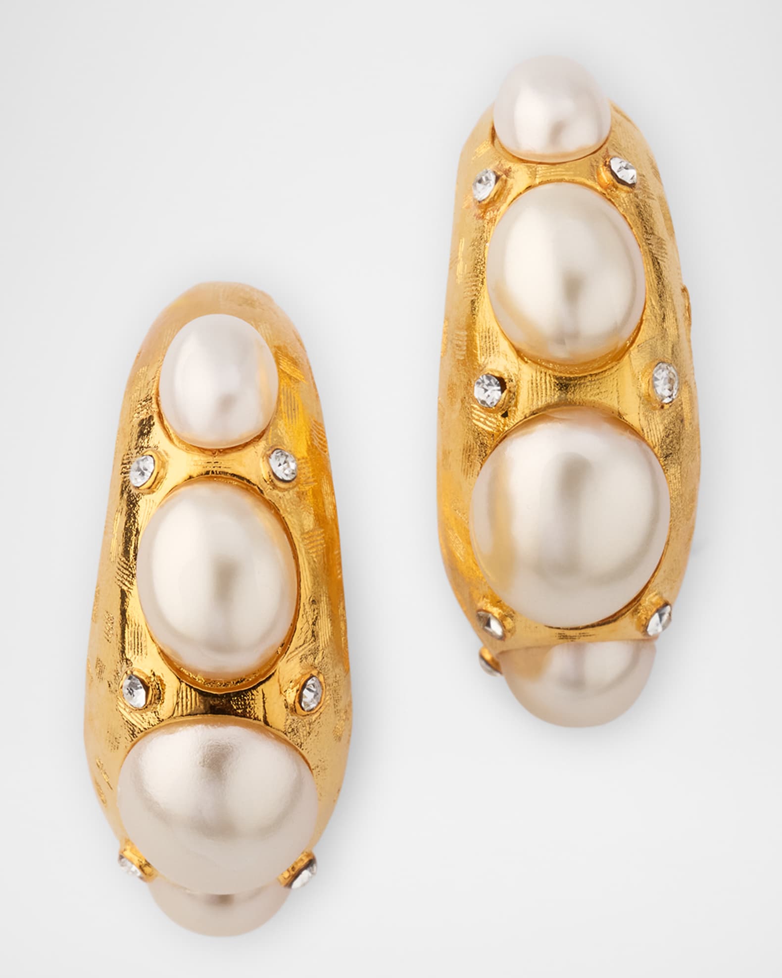 Gold Rhinestone Hoop Earrings with Oval Pearly Cabochons 0
