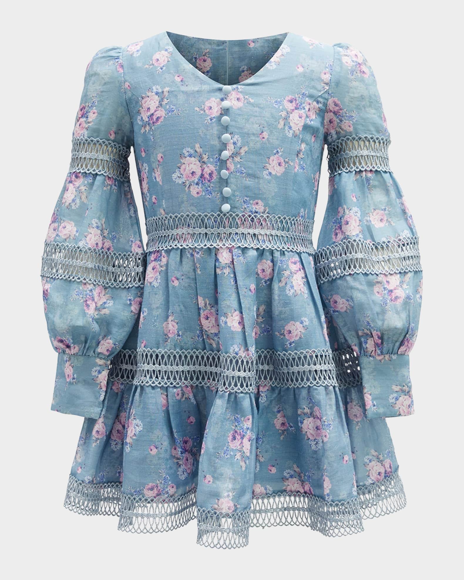 Girl's Venice Lattice Trim Floral-Print Dress, Size 7-14 0