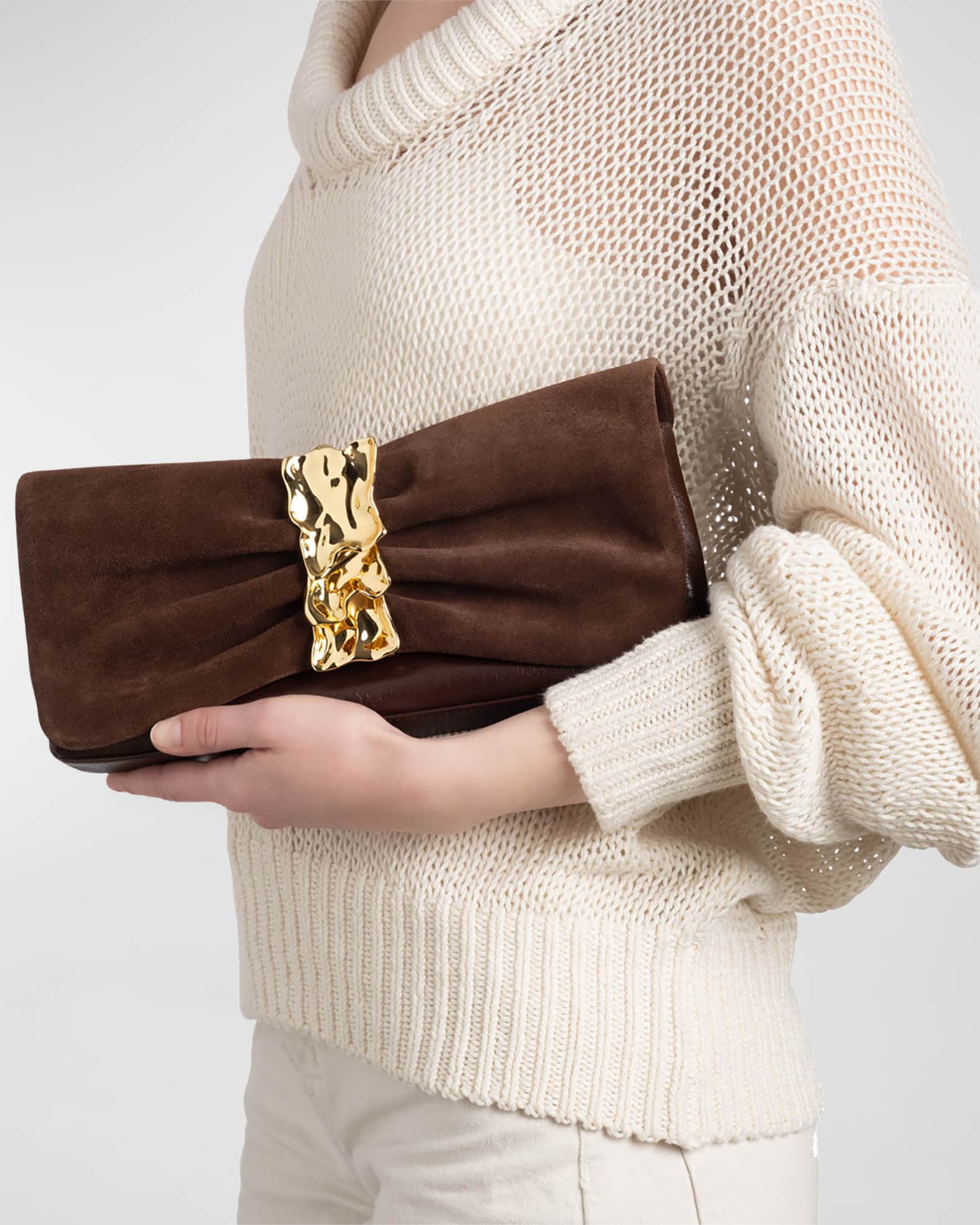 Golden Ribbon Convertible Suede Shoulder Bag 1