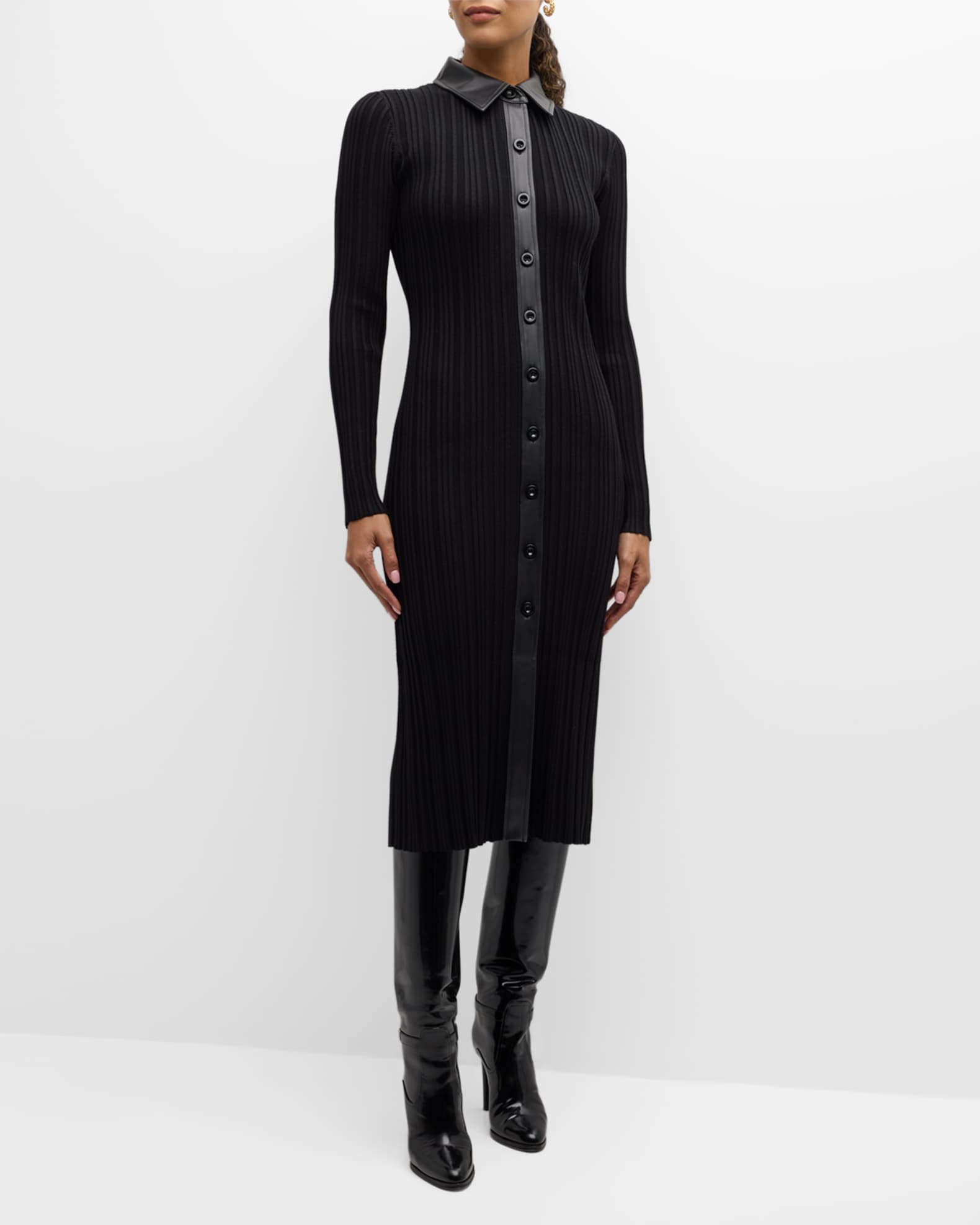 Brixton Collared Rib Midi Dress with Vegan Leather Trim 1