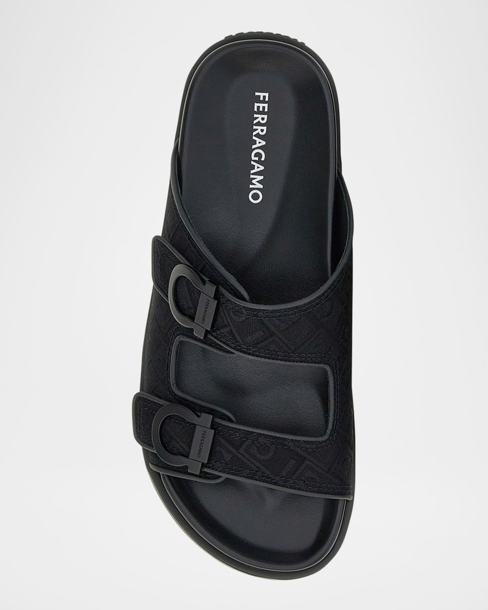 【送料&関税込】Ferragamo Black Fabric Slide Sandals Ferragamo Black Fabric Slide Sandals | italist
