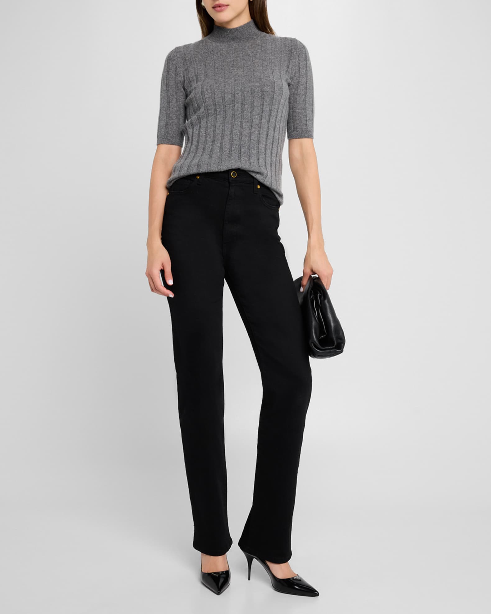 Neiman Marcus Cashmere Collection Cashmere Ribbed Mock Neck Sweater Grey Women s XL Sweaters Cashmere Sweaters