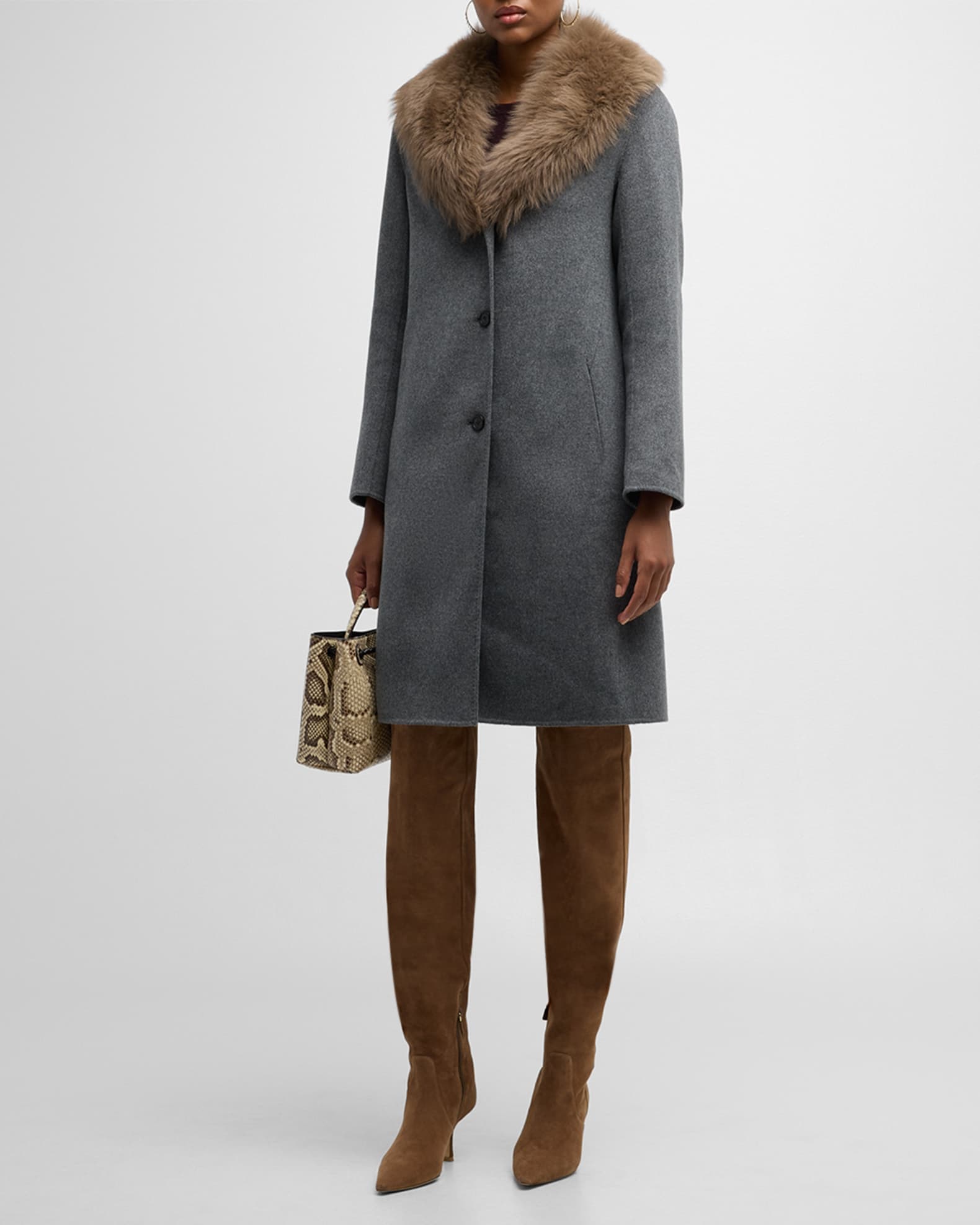 Neiman Marcus Cashmere Collection Double Faced Cashmere and Lamb Fur Coat Heather Grey with Sable Fur Women s XS Fur Coats
