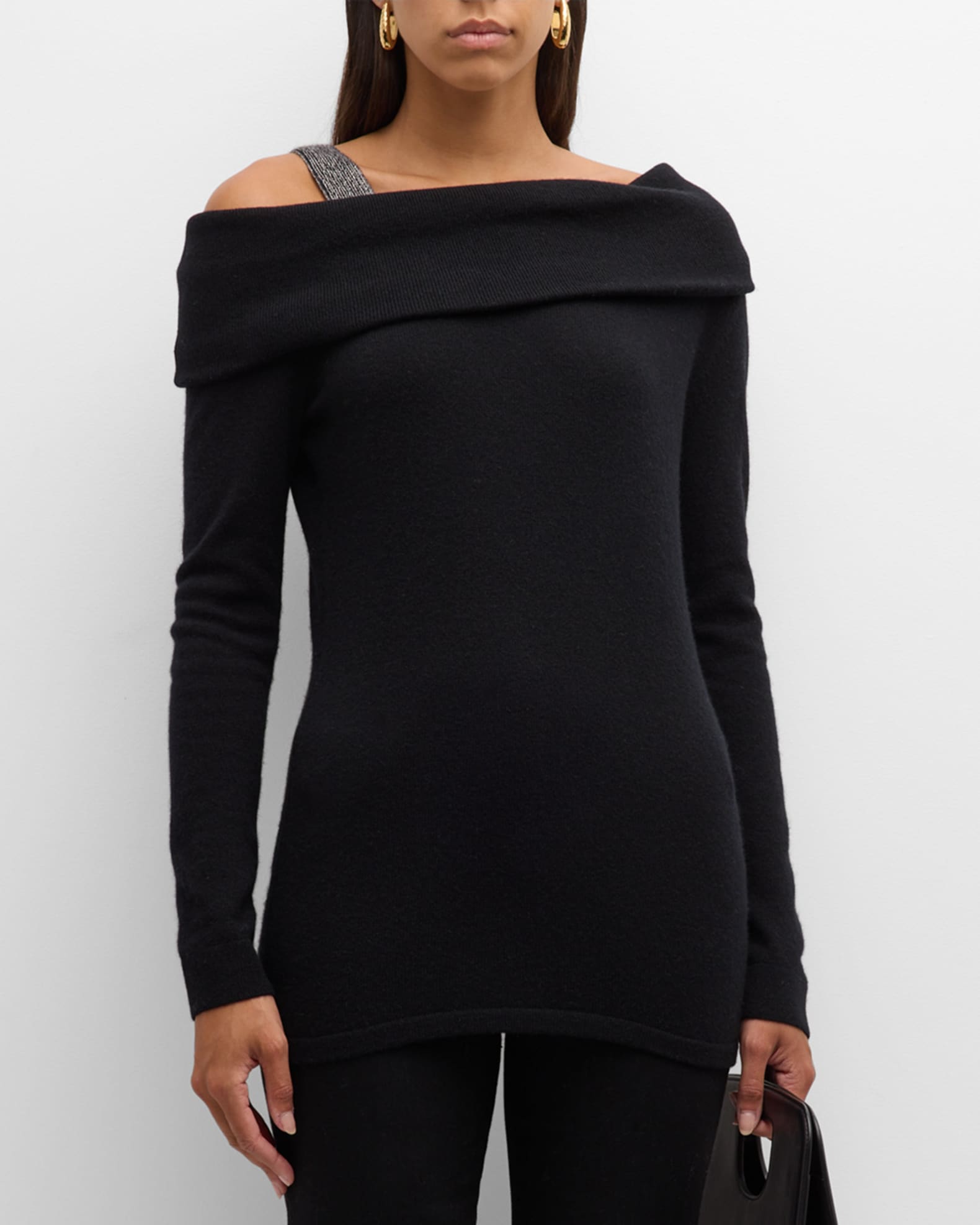 Neiman Marcus Cashmere Cold Shoulder Top Black Silver