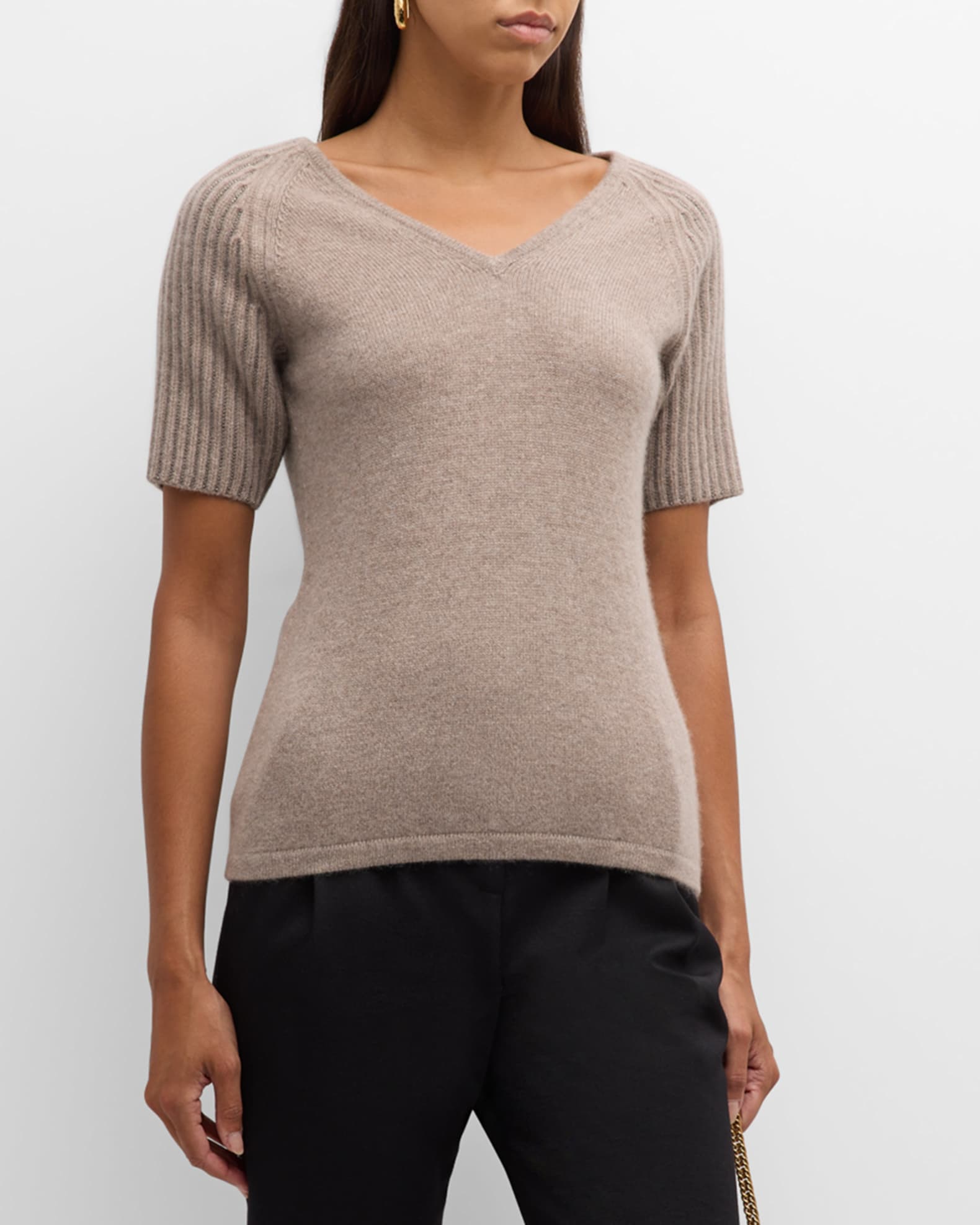 Neiman Marcus Cashmere Chain Sleeve V Neck Sweater Cafe Gunmetal