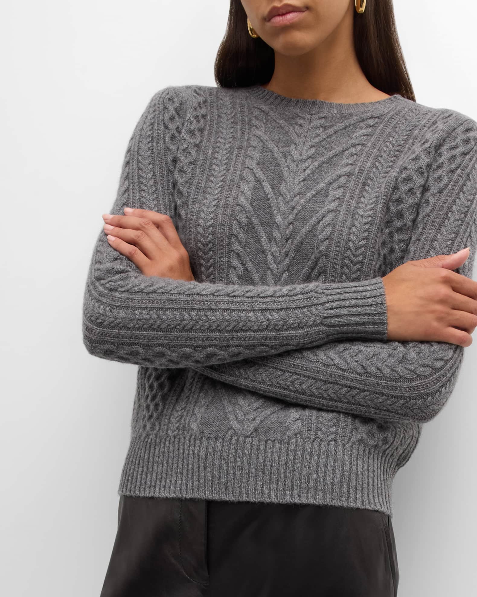 Neiman Marcus Cashmere Collection Cashmere Cable Crew Neck Sweater Neiman Marcus