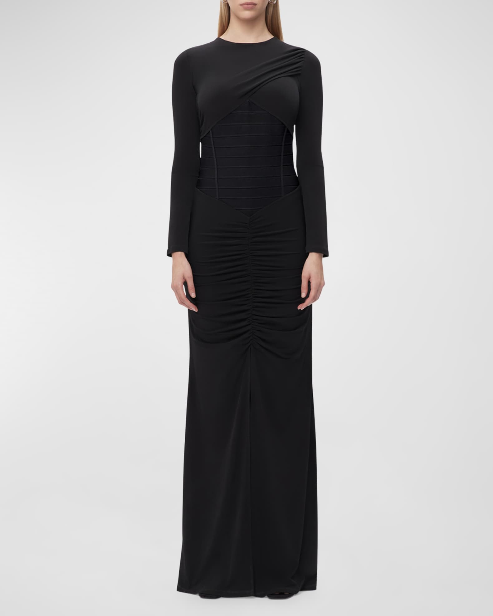 Roxana Long Sleeve Ruched Slit Gown