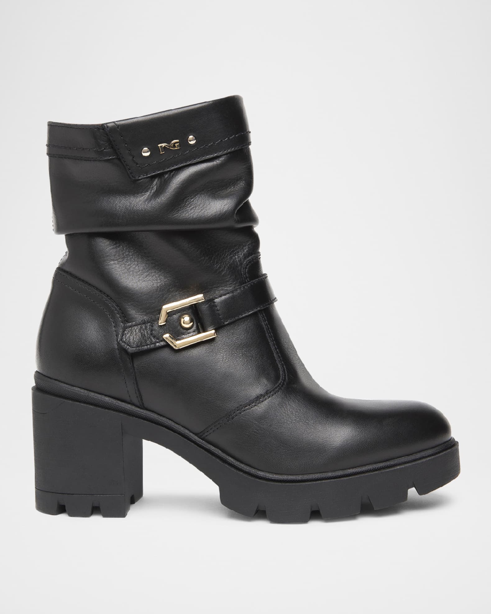 Slouchy Leather Buckle Short Moto Boots