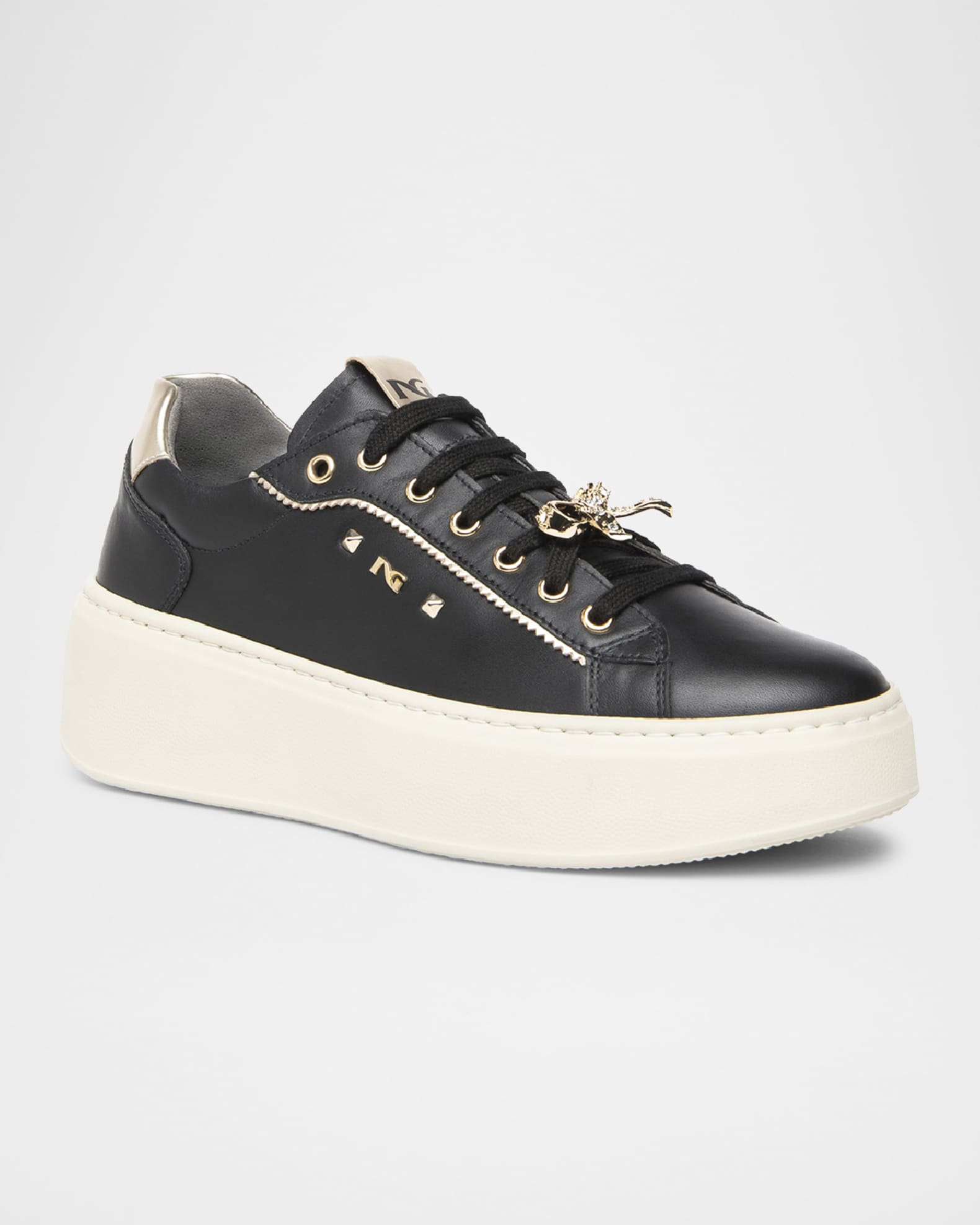 Gems Mixed Leather Bow Skater Sneakers 1
