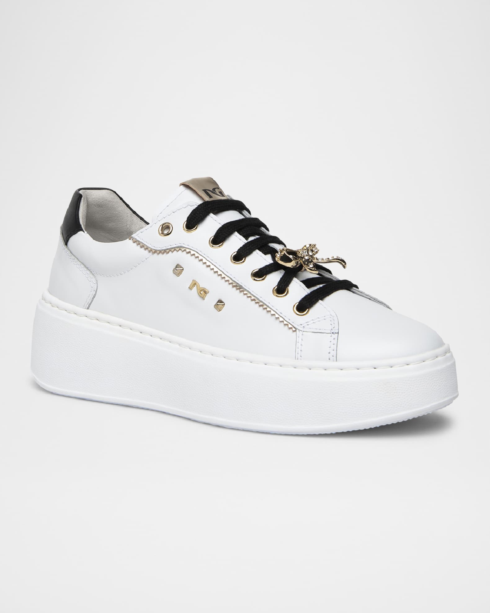 Gems Mixed Leather Bow Skater Sneakers 1