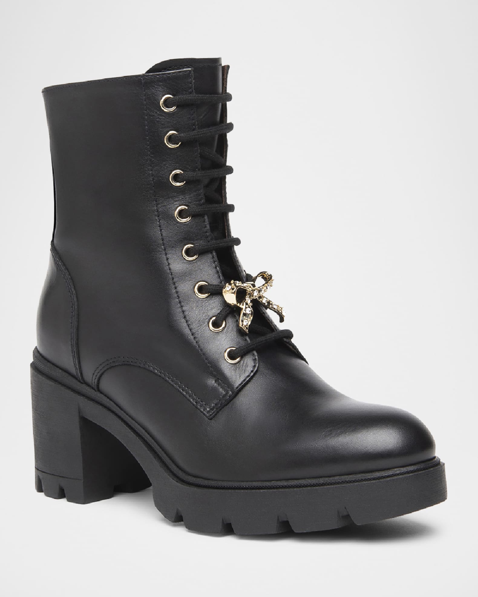 Gems Leather Bow Heeled Combat Booties 1