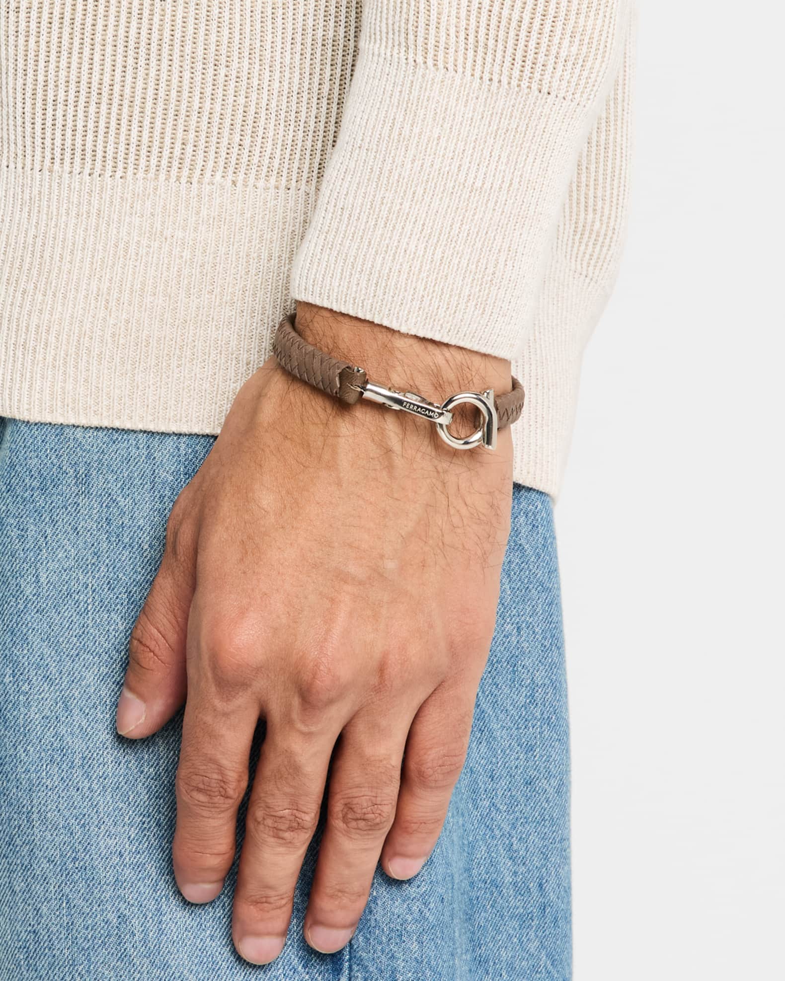 Men's Woven Leather Gancio Bracelet 1