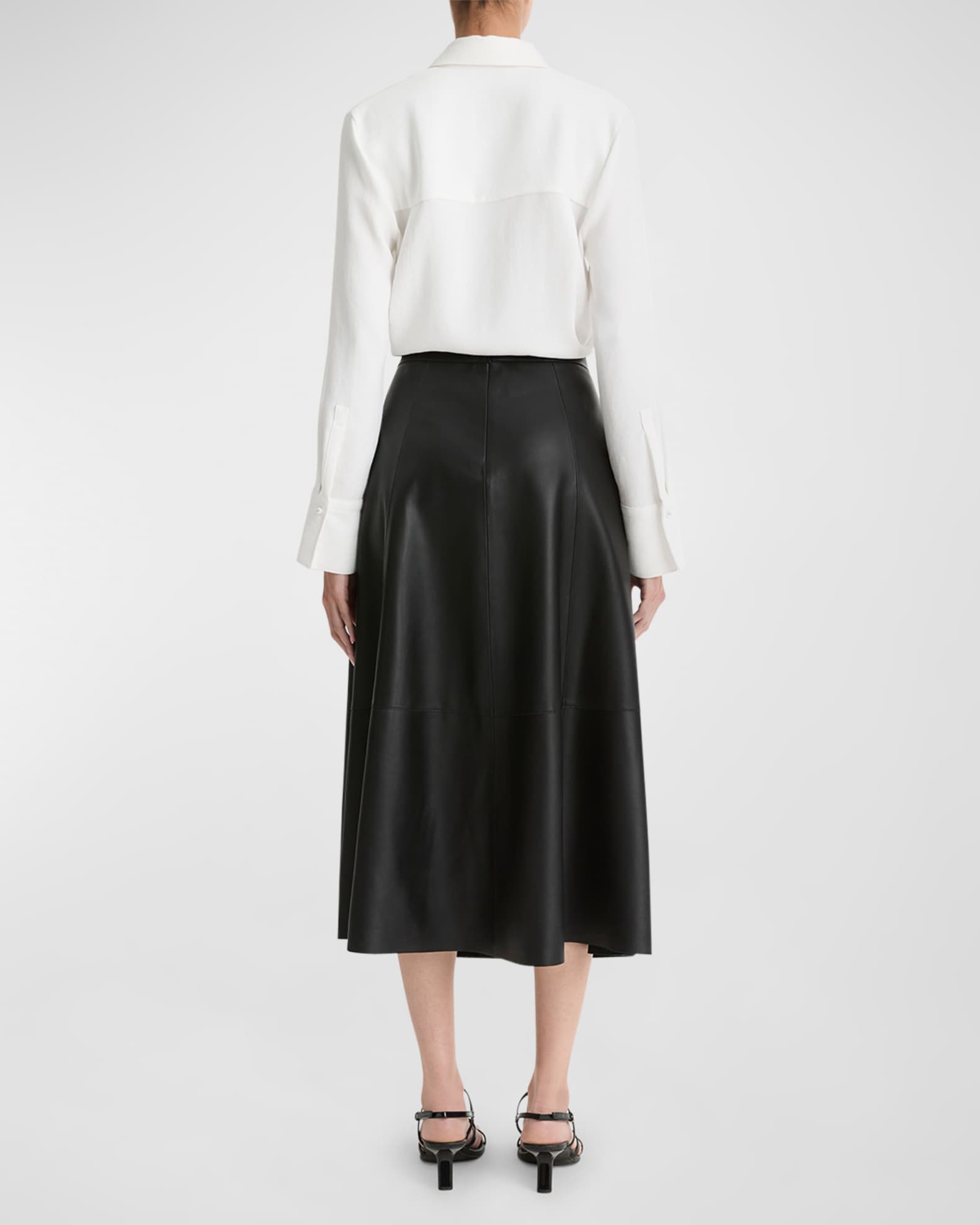 Mid Rise Flared Leather Midi Skirt