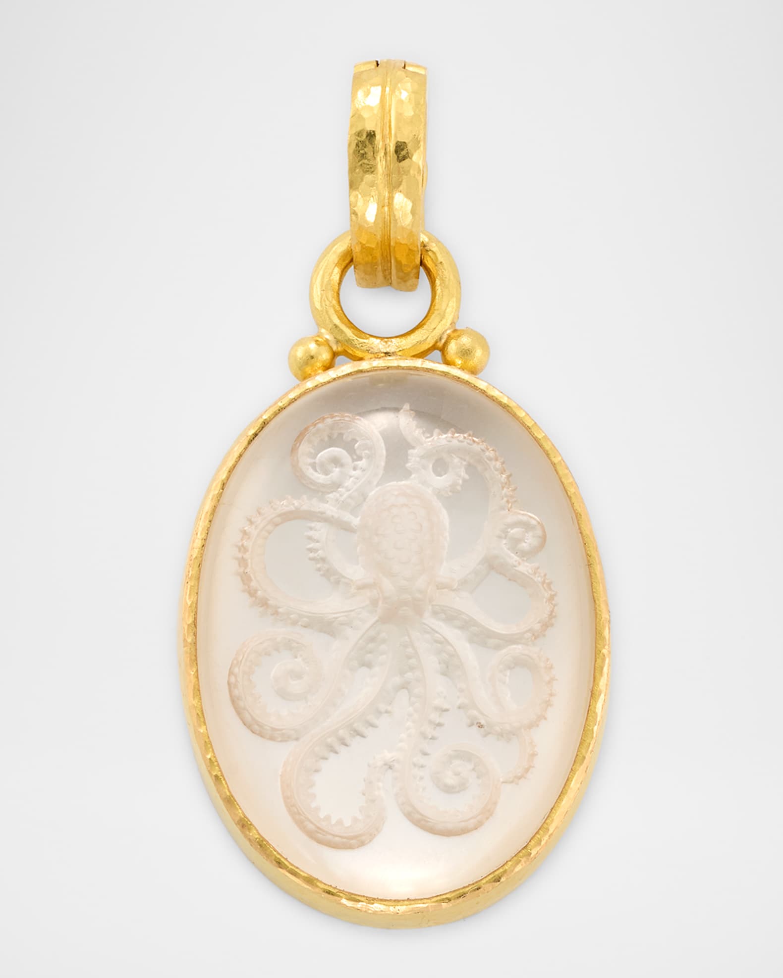 19K Yellow Gold Medium Vertical Oval Rock Crystal Octopus Pendant 0