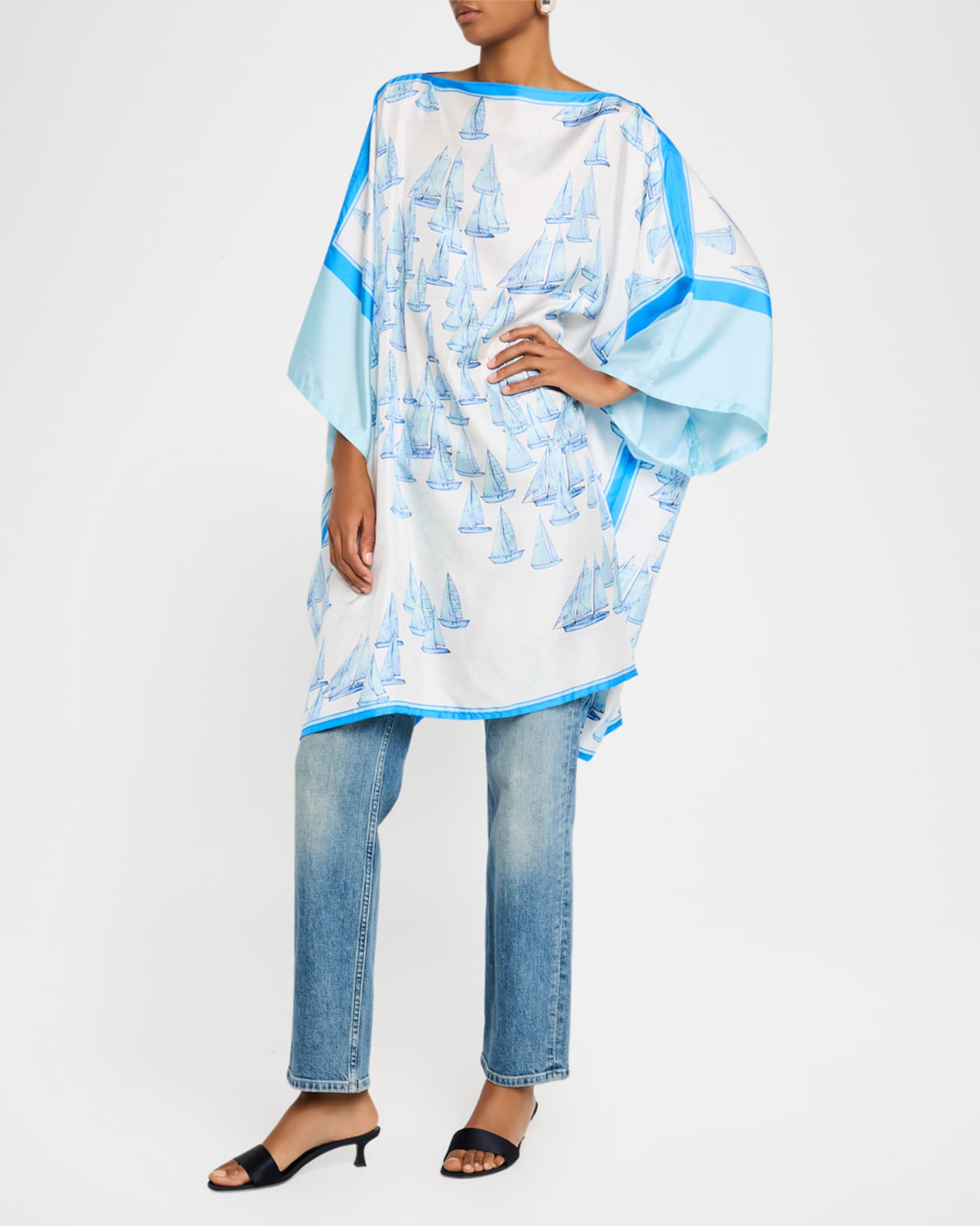Blue Boat Hand-Printed Silk Kaftcan 1