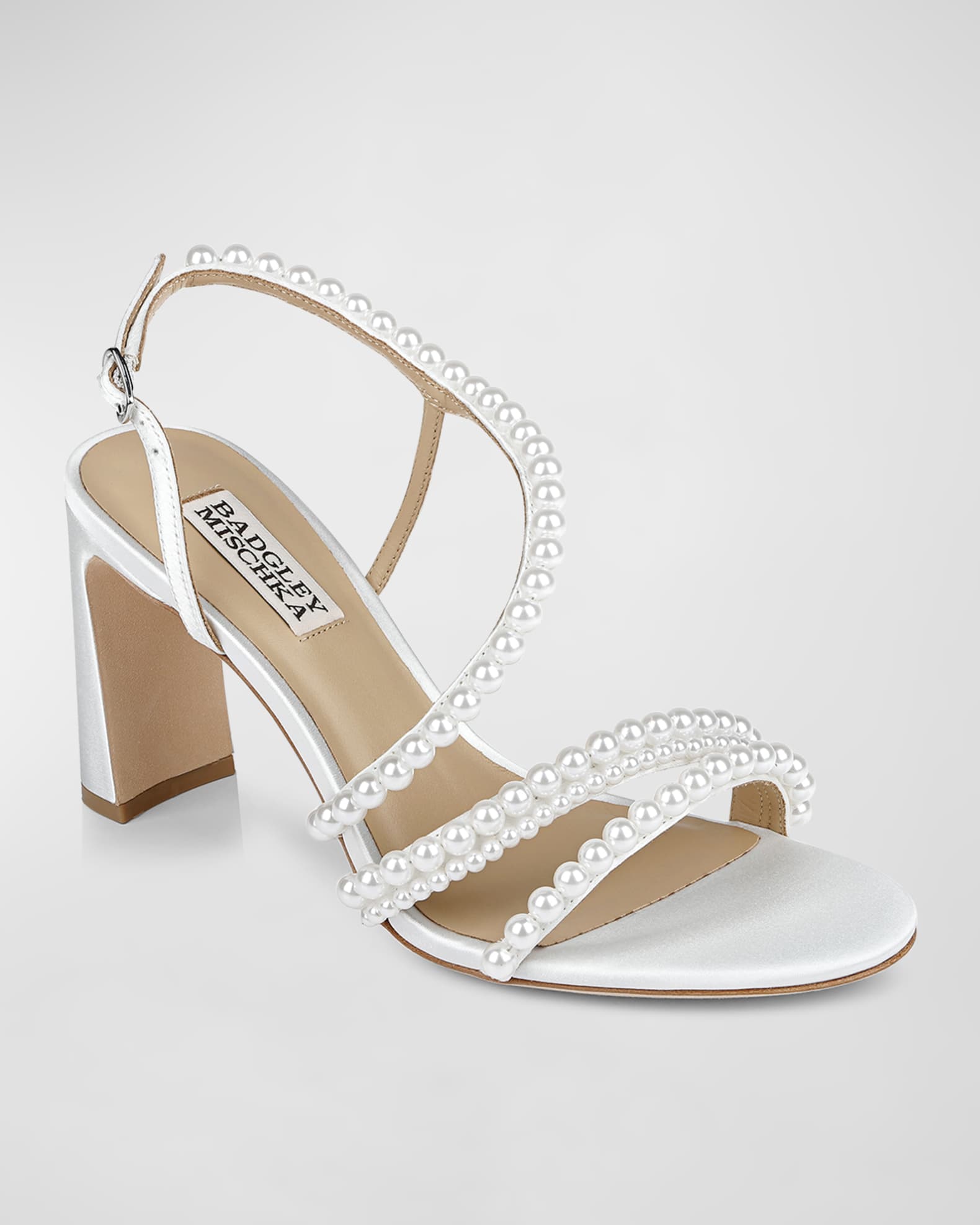Badgley Mischka Women s Amora Imitation Pearl Sandal White Satin Size 8M
