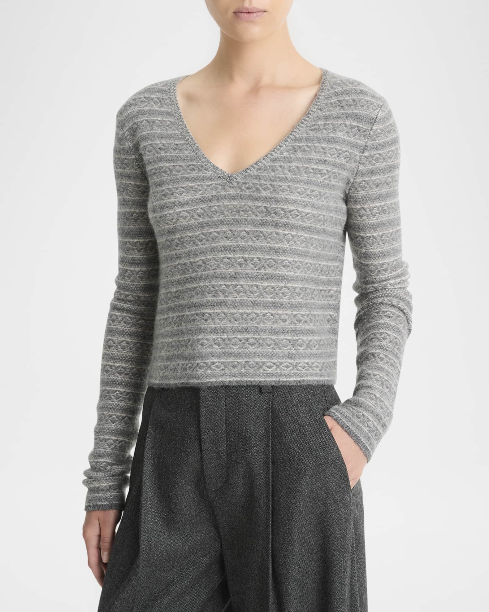 Vince Fair Isle V Neck Women s Sweater Medium Heather Grey Xs
