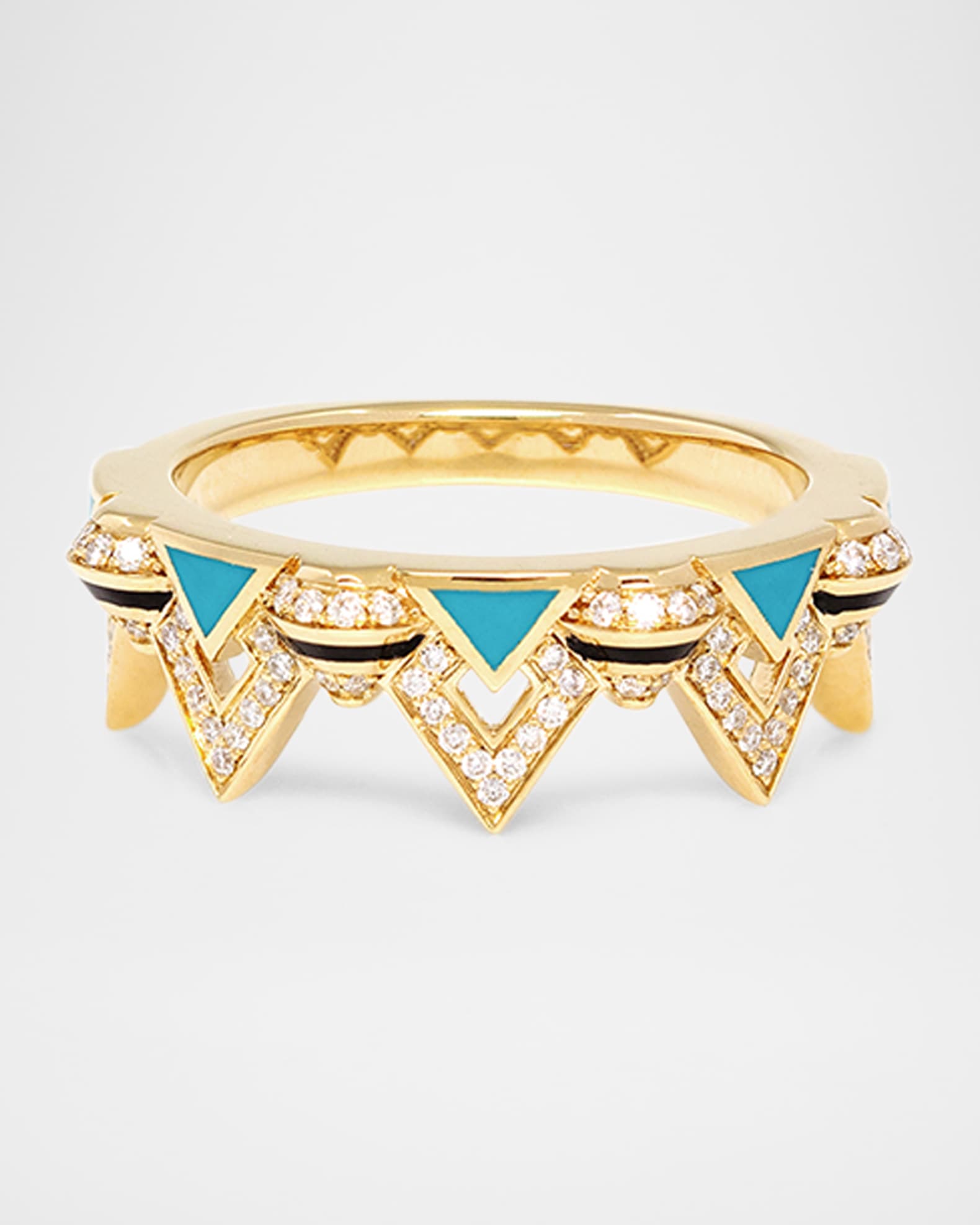 18K Yellow Gold Mosaic Ring with Turquoise HyCeram and Diamonds, Size 7 0