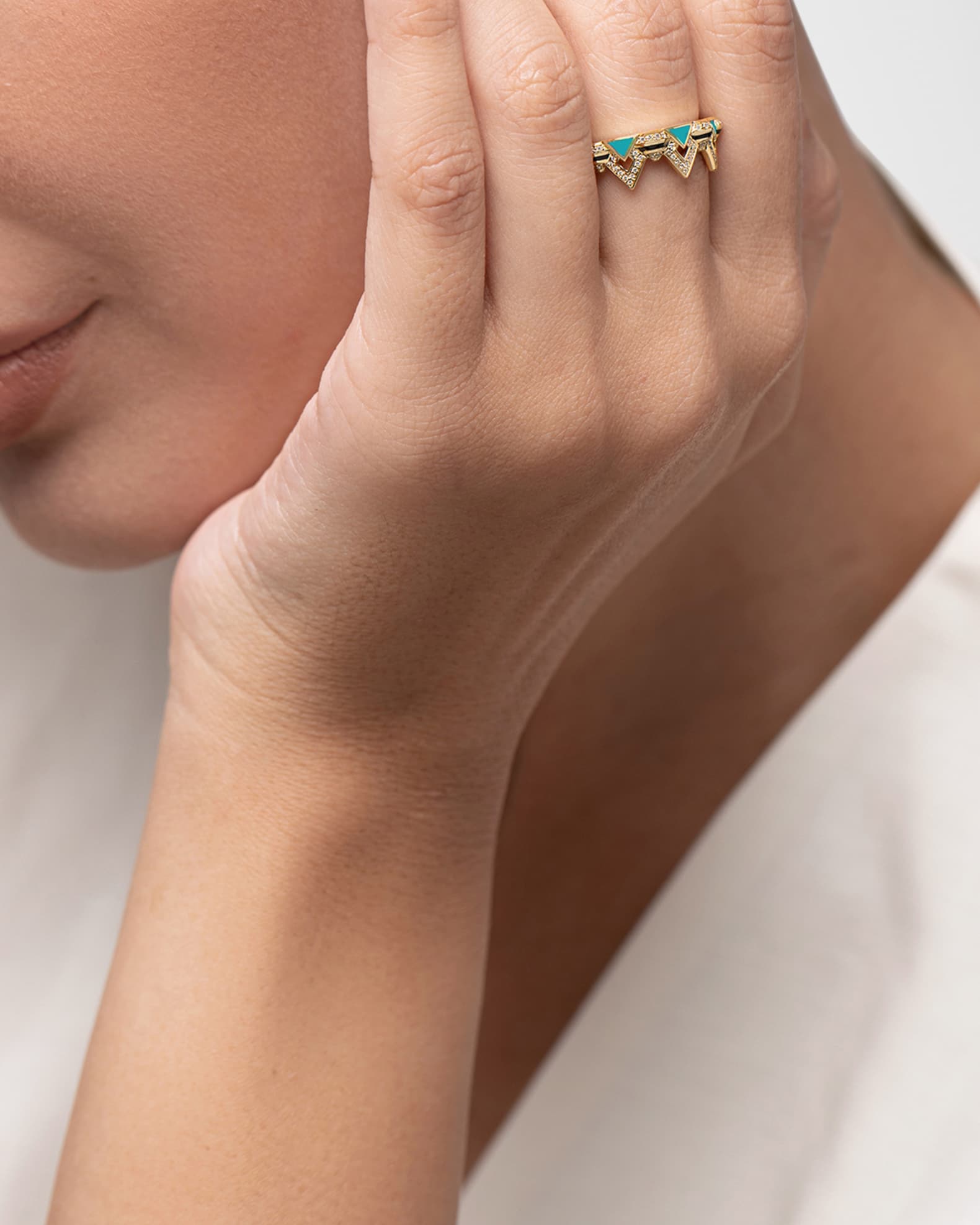 18K Yellow Gold Mosaic Ring with Turquoise HyCeram and Diamonds, Size 7 1