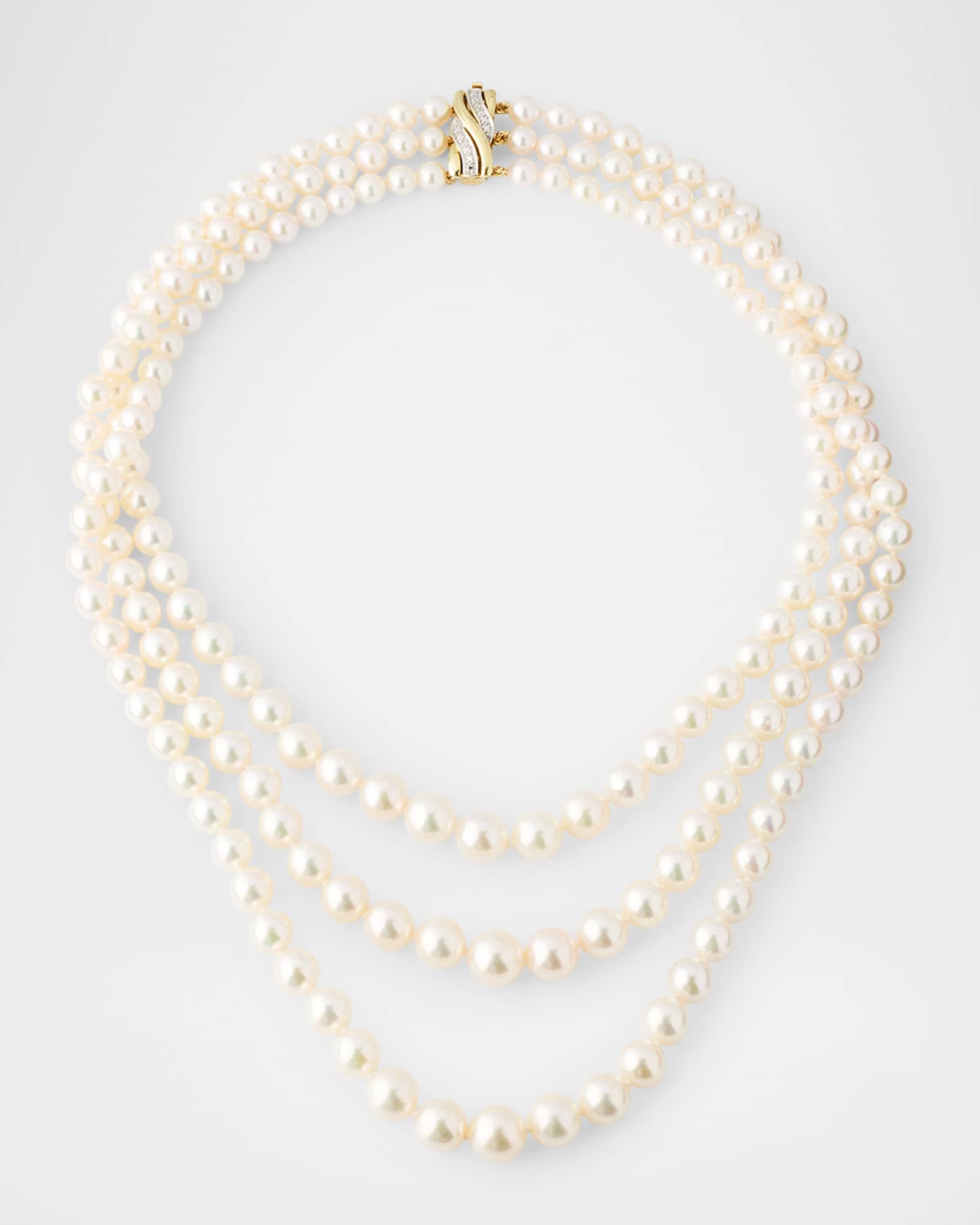 14K Yellow Gold 3-Row Graduated Akoya Pearl Necklace, 19.5"L 0