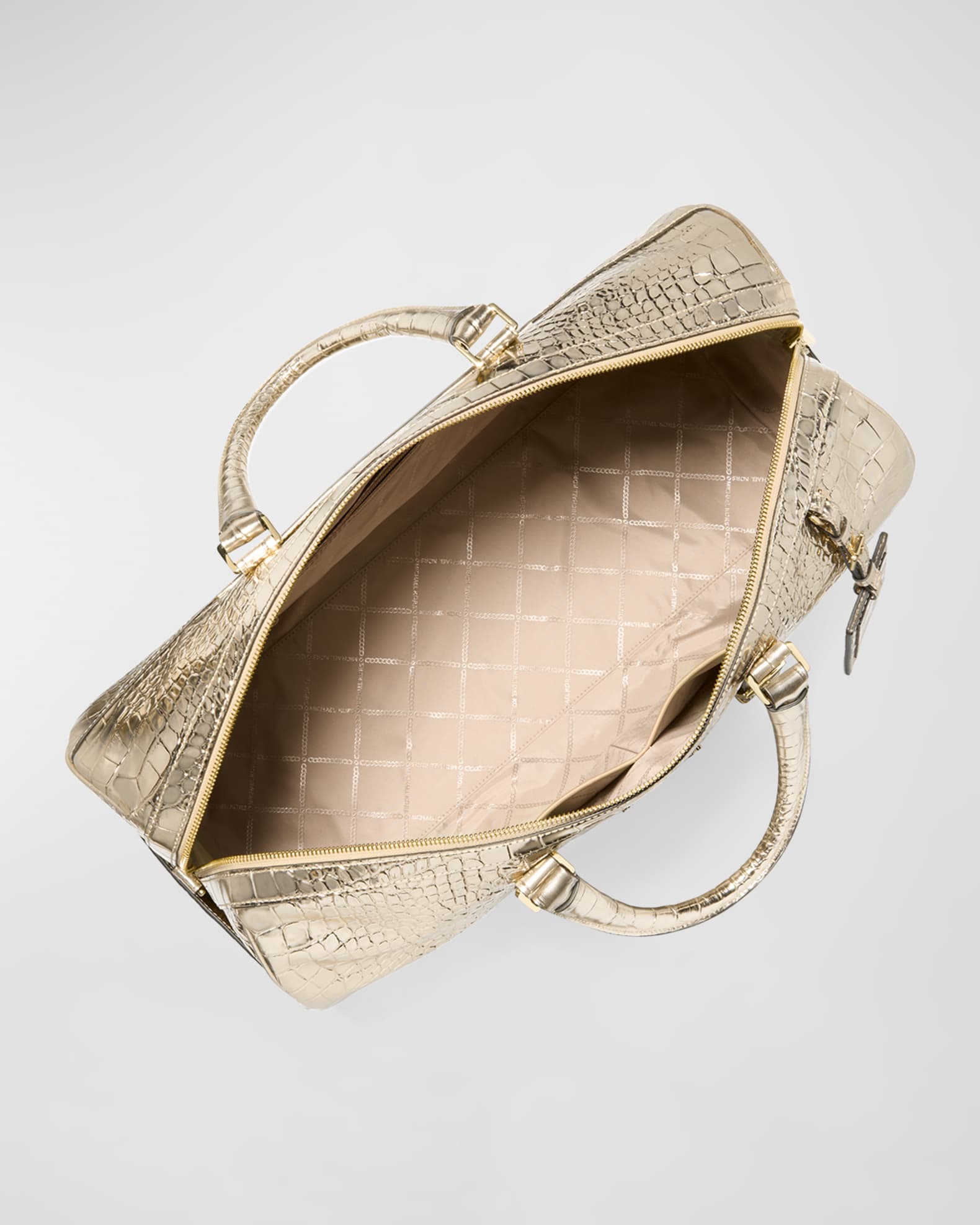Michael Kors Bedford Travel Extra Large Metallic Crocodile Embossed Leather Weekender Bag Pale Gold