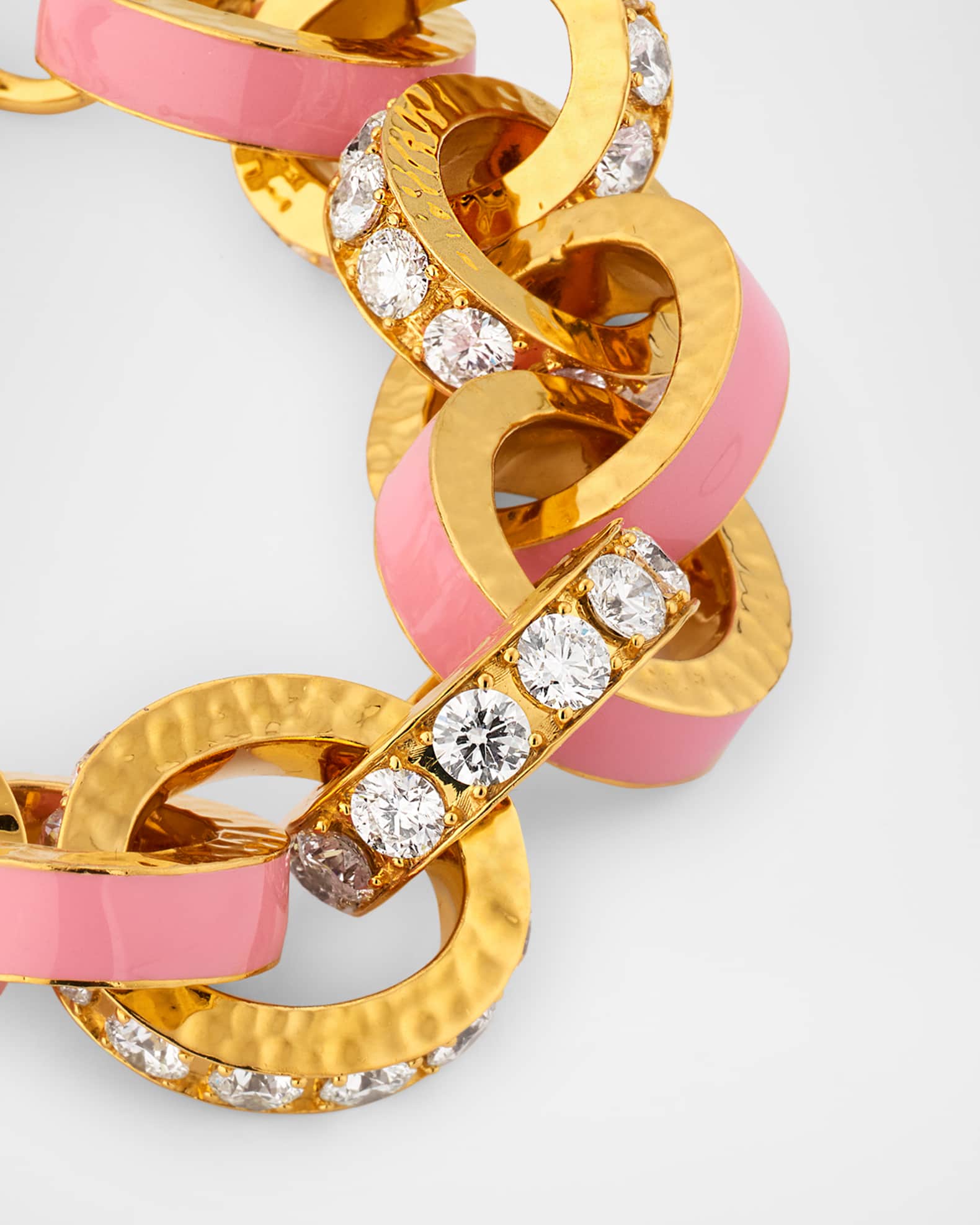 Buddha Mama 20K Yellow Gold Big Link Pink Enamel and Diamond Bracelet