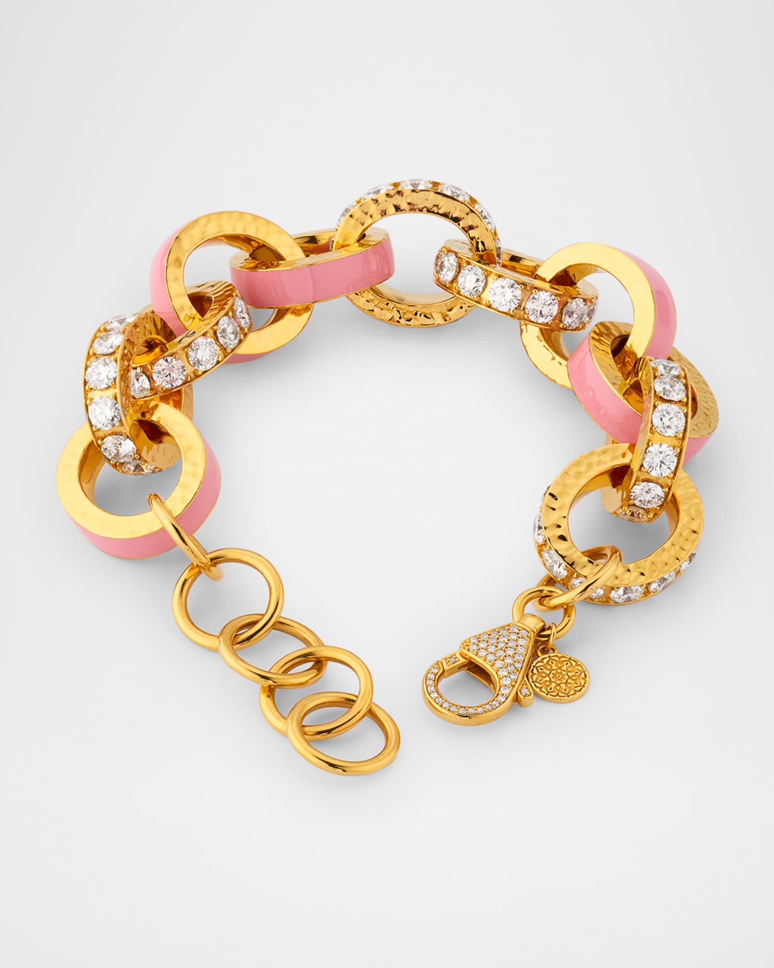 Buddha Mama 20K Yellow Gold Big Link Pink Enamel and Diamond Bracelet