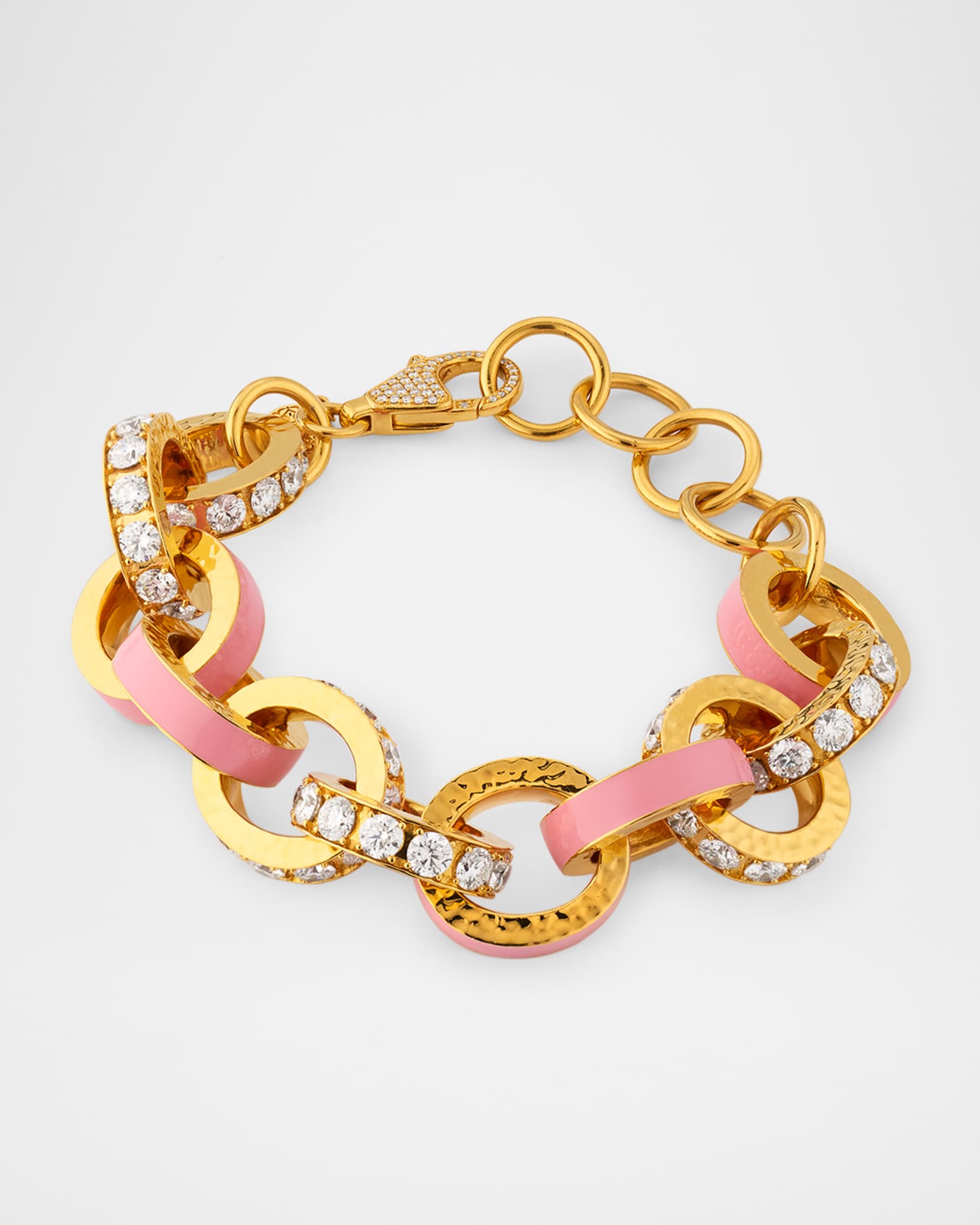 Buddha Mama 20K Yellow Gold Big Link Pink Enamel and Diamond Bracelet