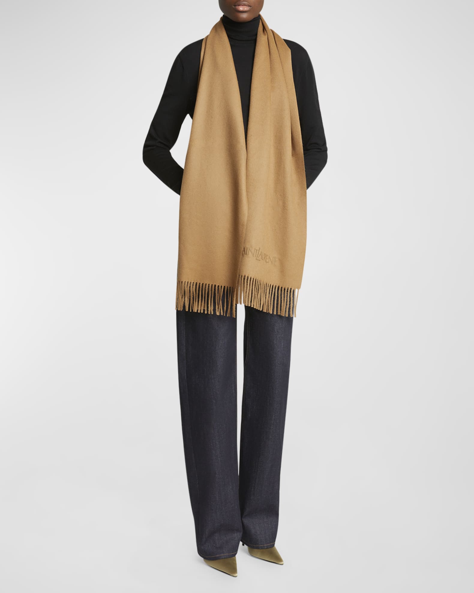 Saint Laurent Embroidered Logo Fringe Cashmere Scarf Neiman Marcus