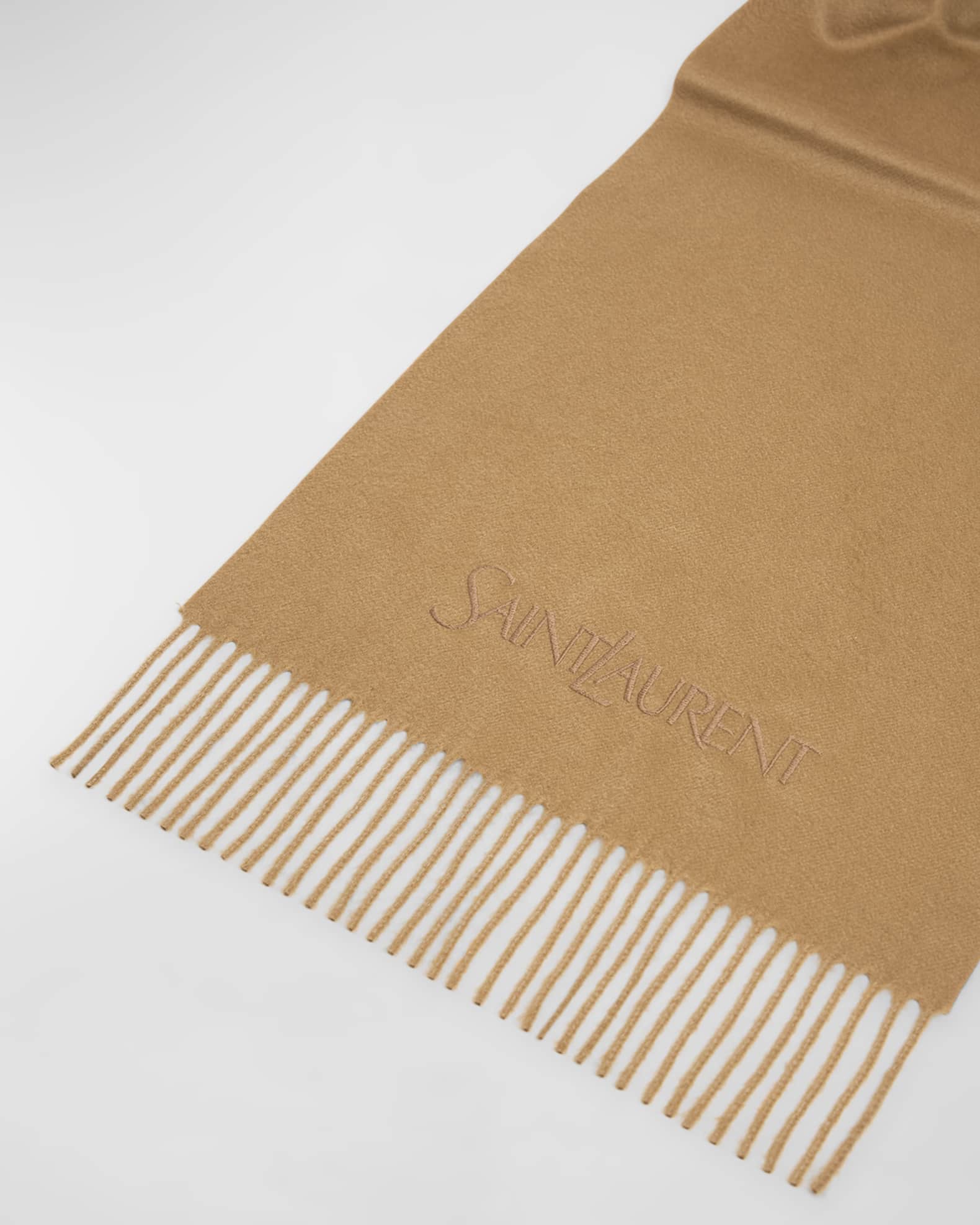 Saint Laurent Embroidered Logo Fringe Cashmere Scarf