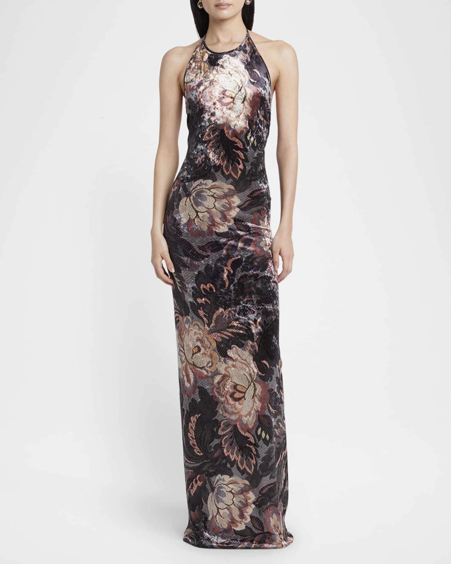 Floral Crushed Velvet Backless Gown