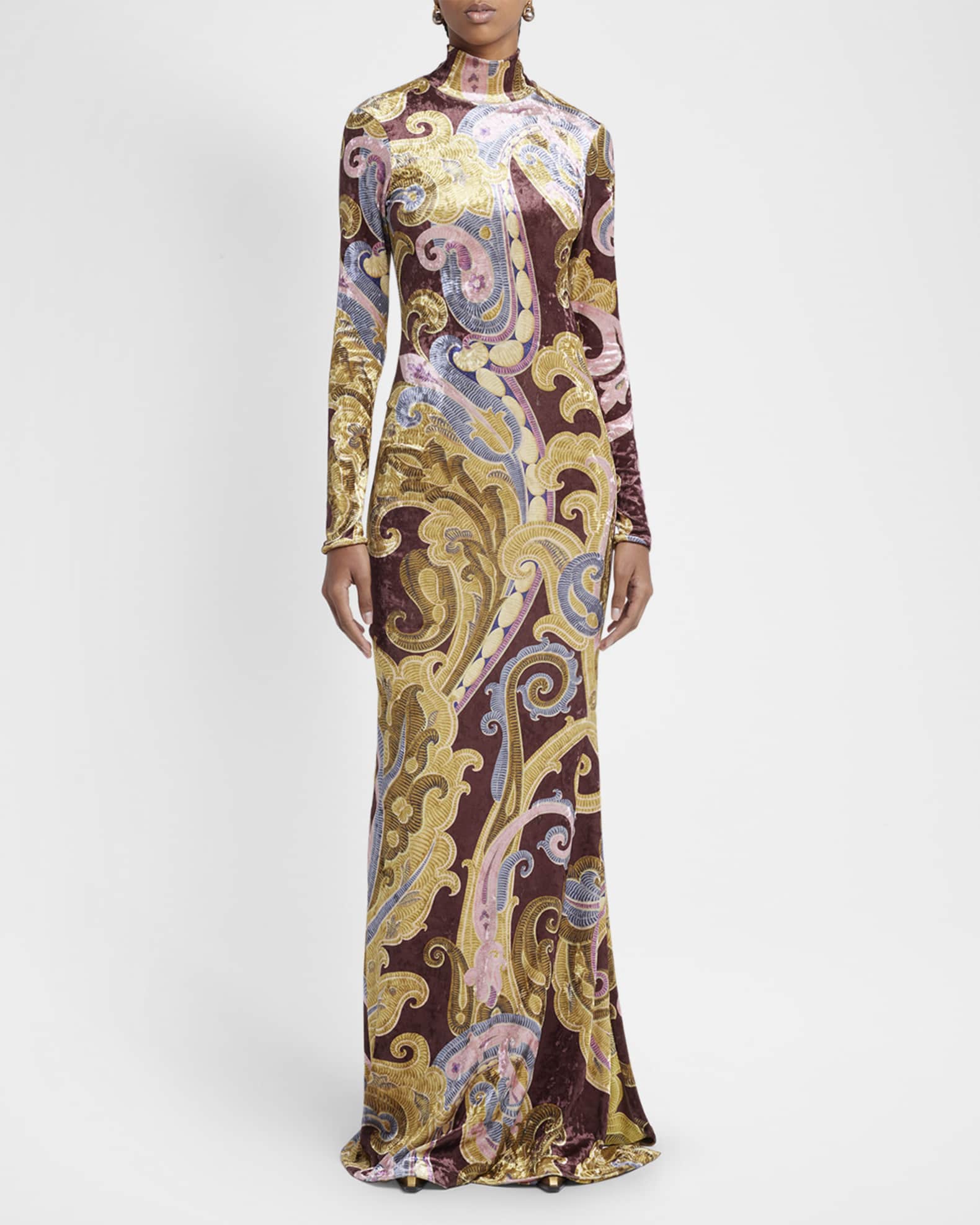Etro Paisley Crushed Velvet Long Sleeve Maxi Dress Neiman Marcus
