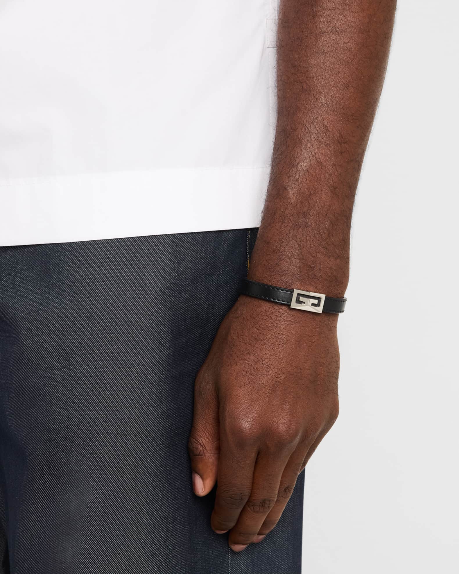 Givenchy Men s 2G Silvery Leather Bracelet Neiman Marcus