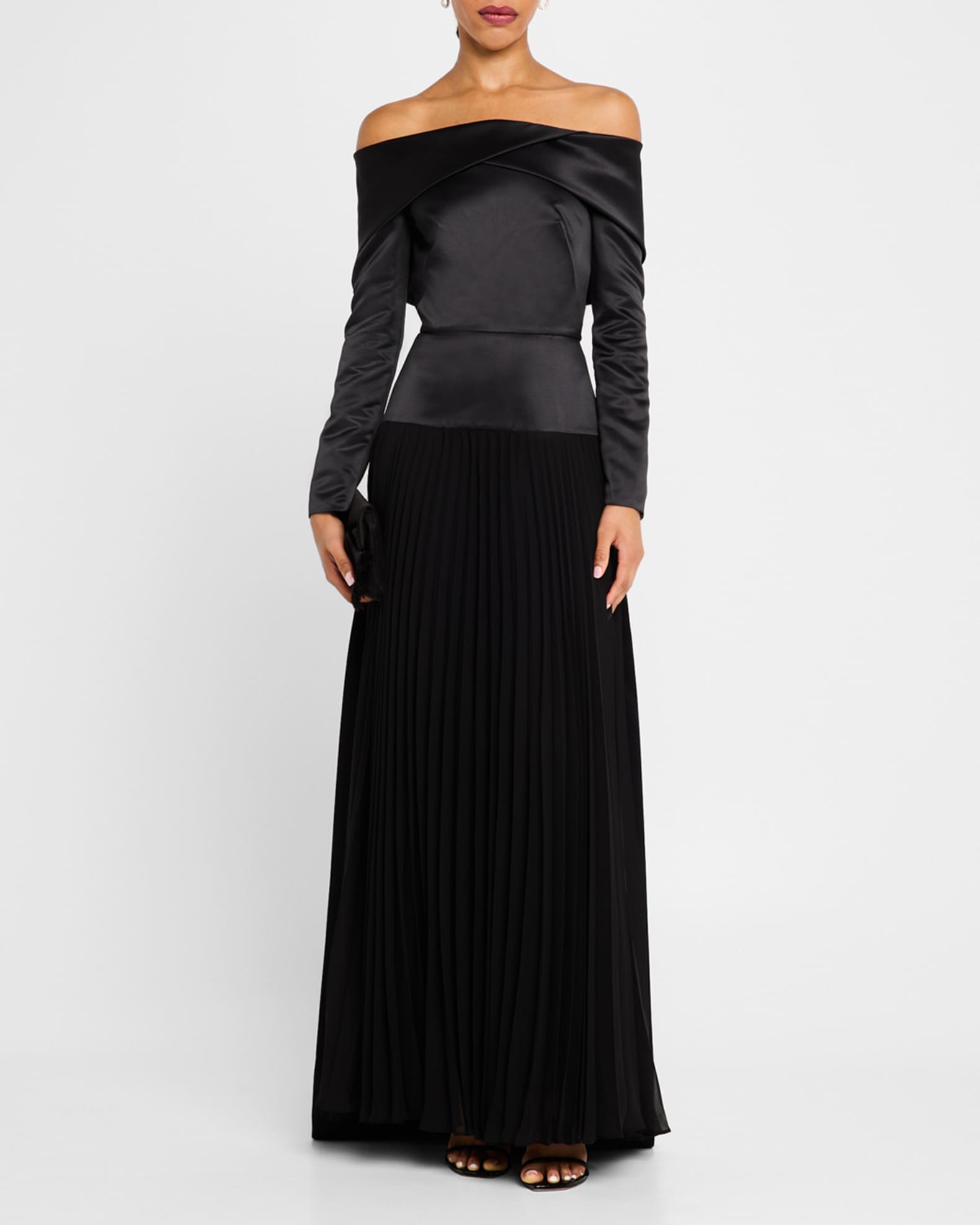 Honor Pleated Off-Shoulder Chiffon & Satin Gown 1
