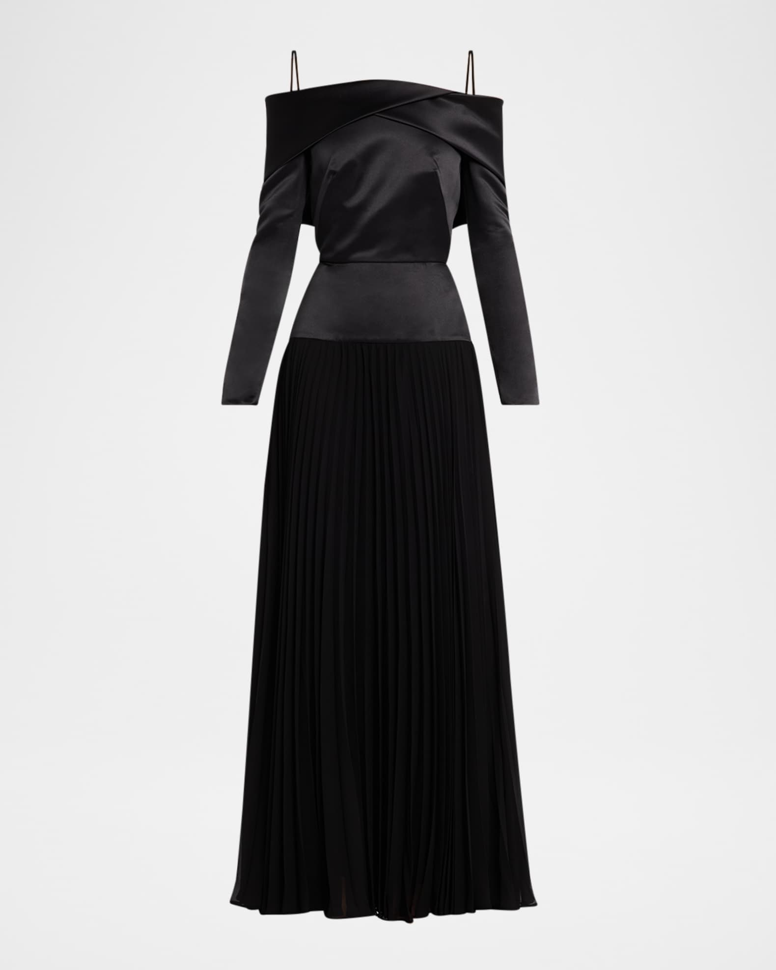 Honor Pleated Off-Shoulder Chiffon & Satin Gown 0