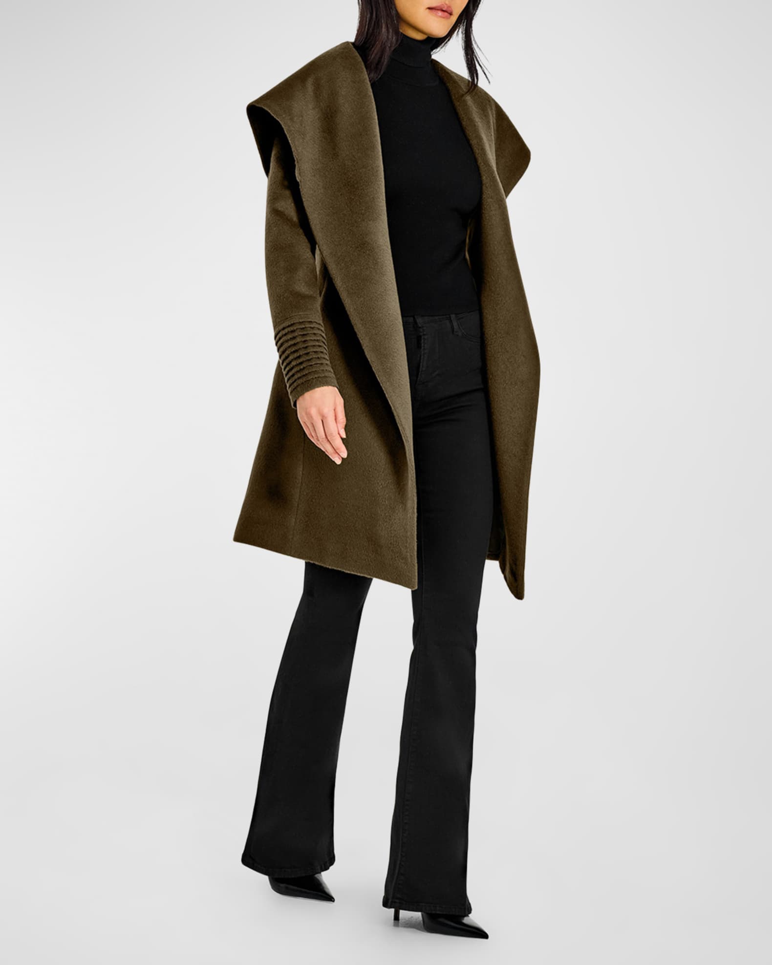 Mid Length Hooded Wrap Baby Alpaca Wool Coat