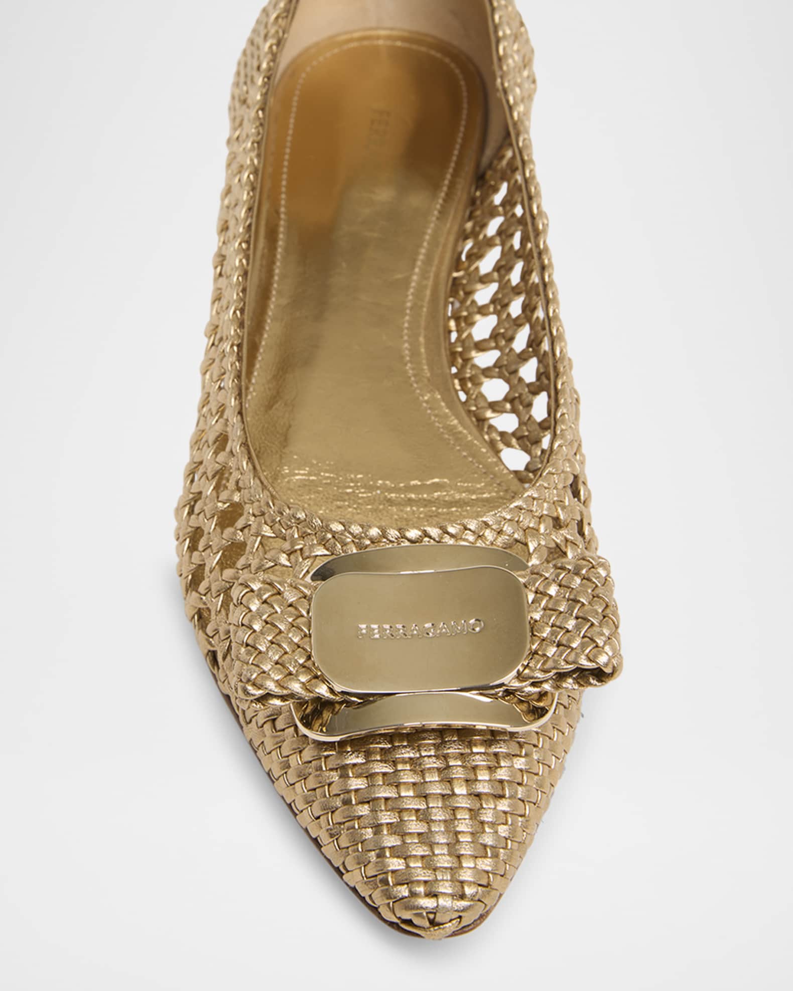 Ferragamo Zea Metallic Woven Buckle Ballerina Flats | Neiman