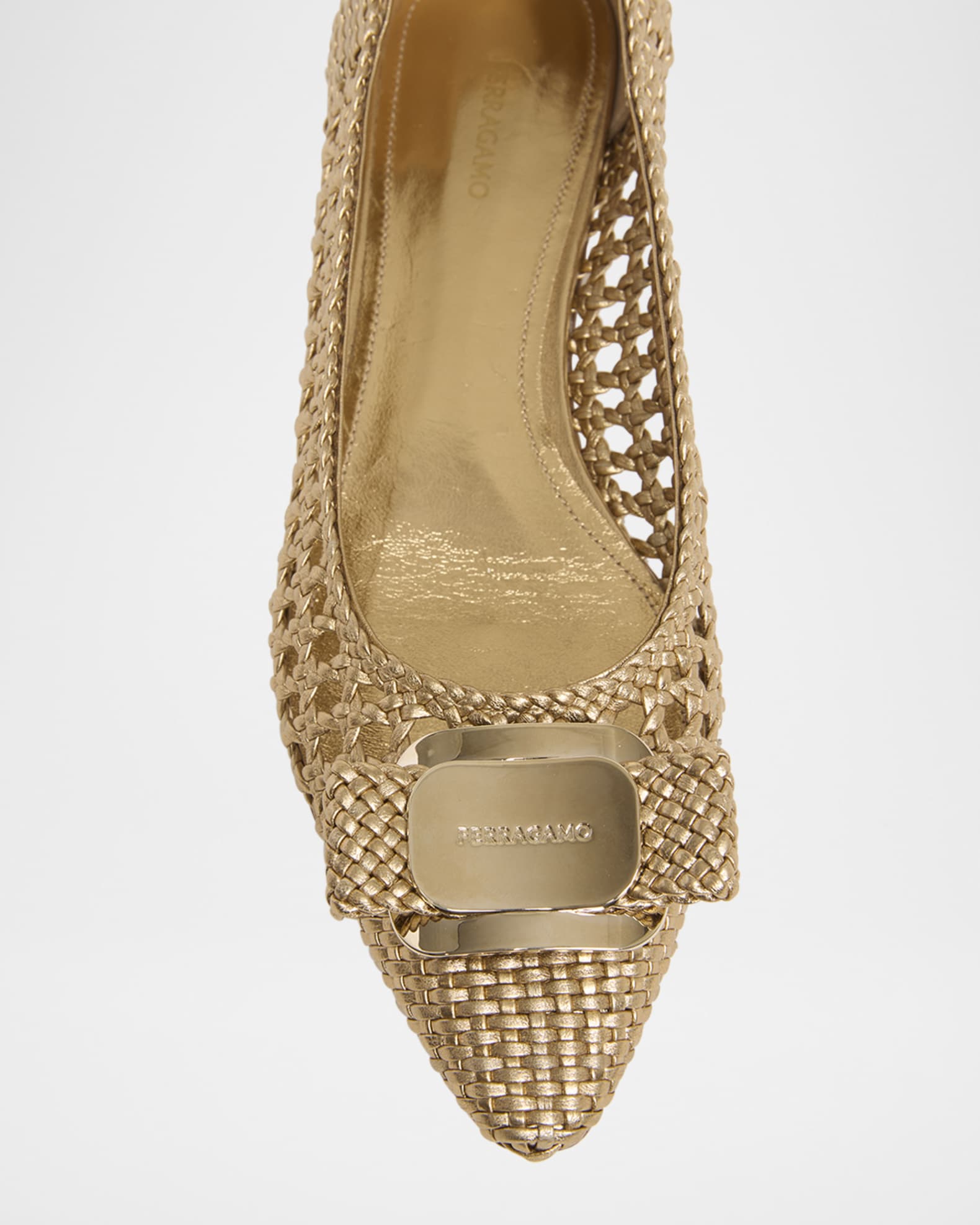 Ferragamo Zea Metallic Woven Buckle Ballerina Flats | Neiman