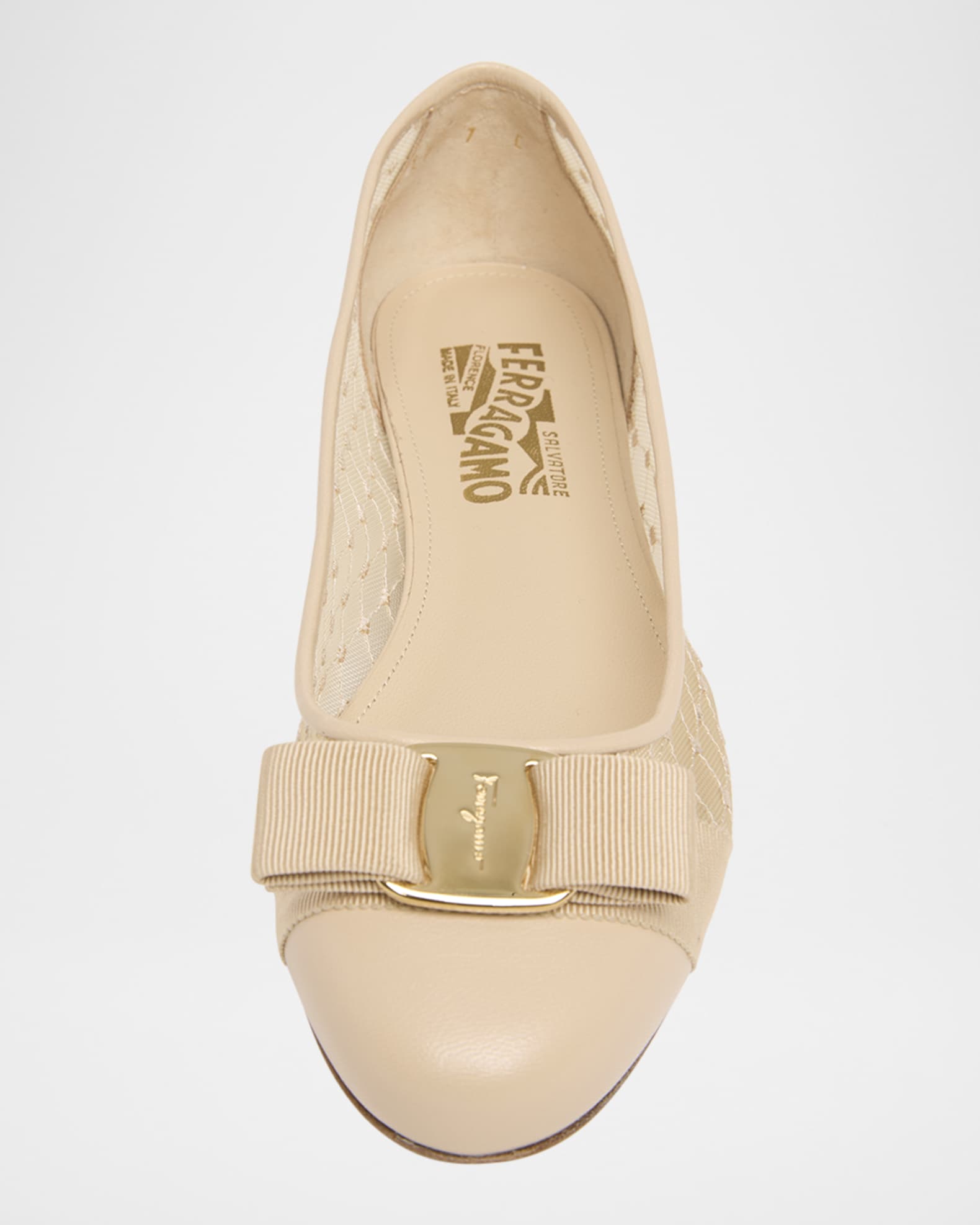Ferragamo Varina Mesh Leather Bow Ballerina Flats Nude Beige Women s 40.5eu Flats Ballet Ballerina Flats