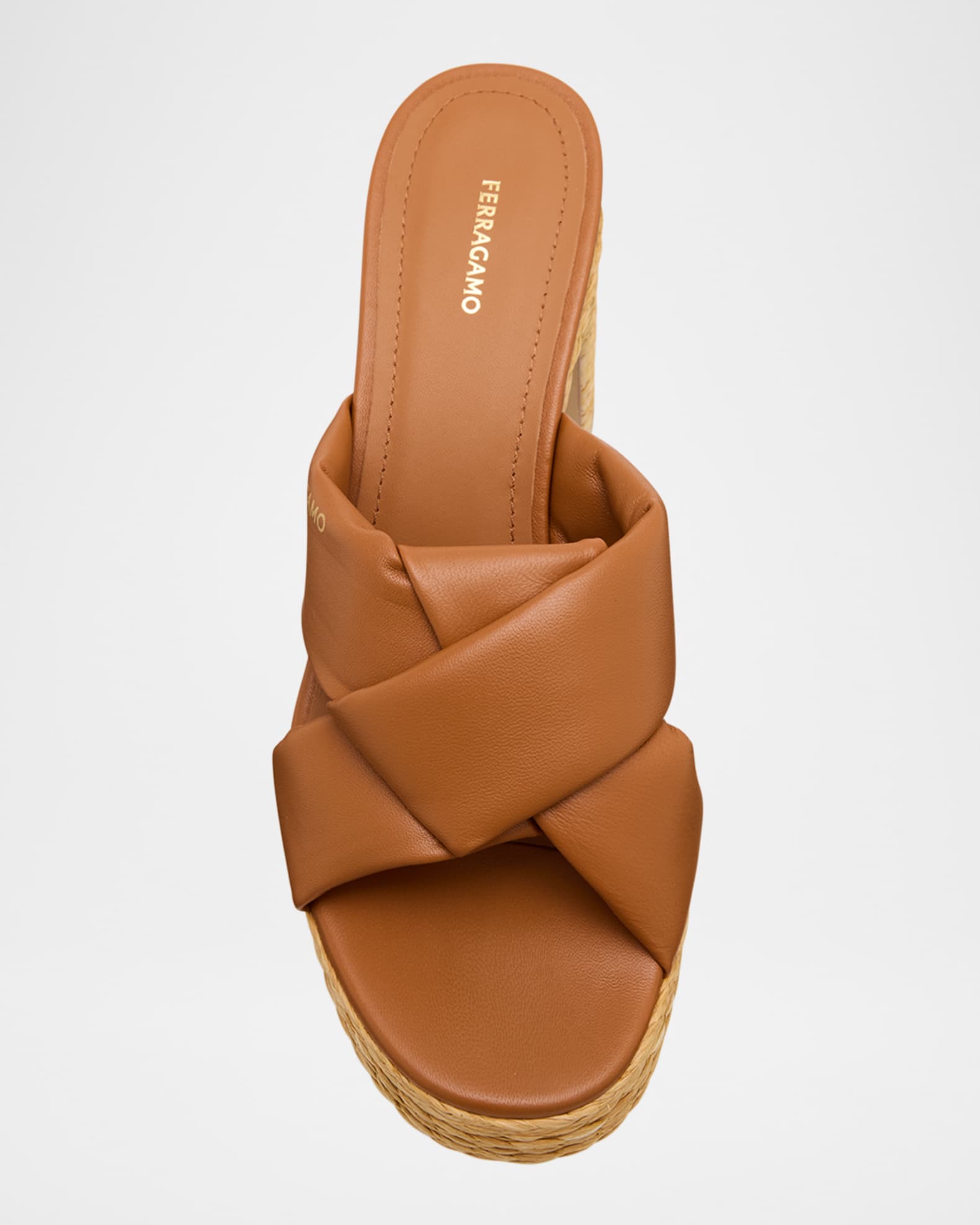 Ferragamo Douglas Padded Leather Raffia Platform Sandals