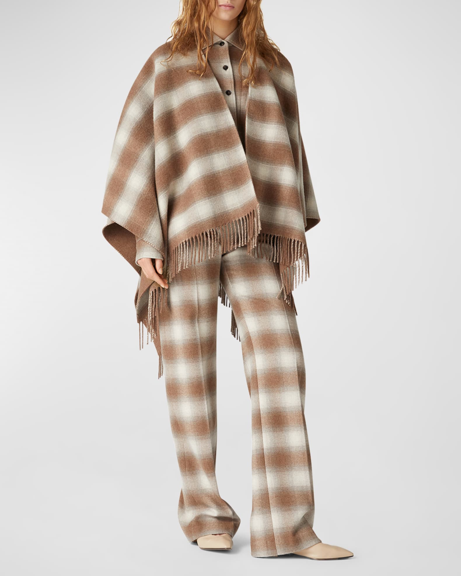 Tartan Cashmere-Wool Fringe Poncho  1