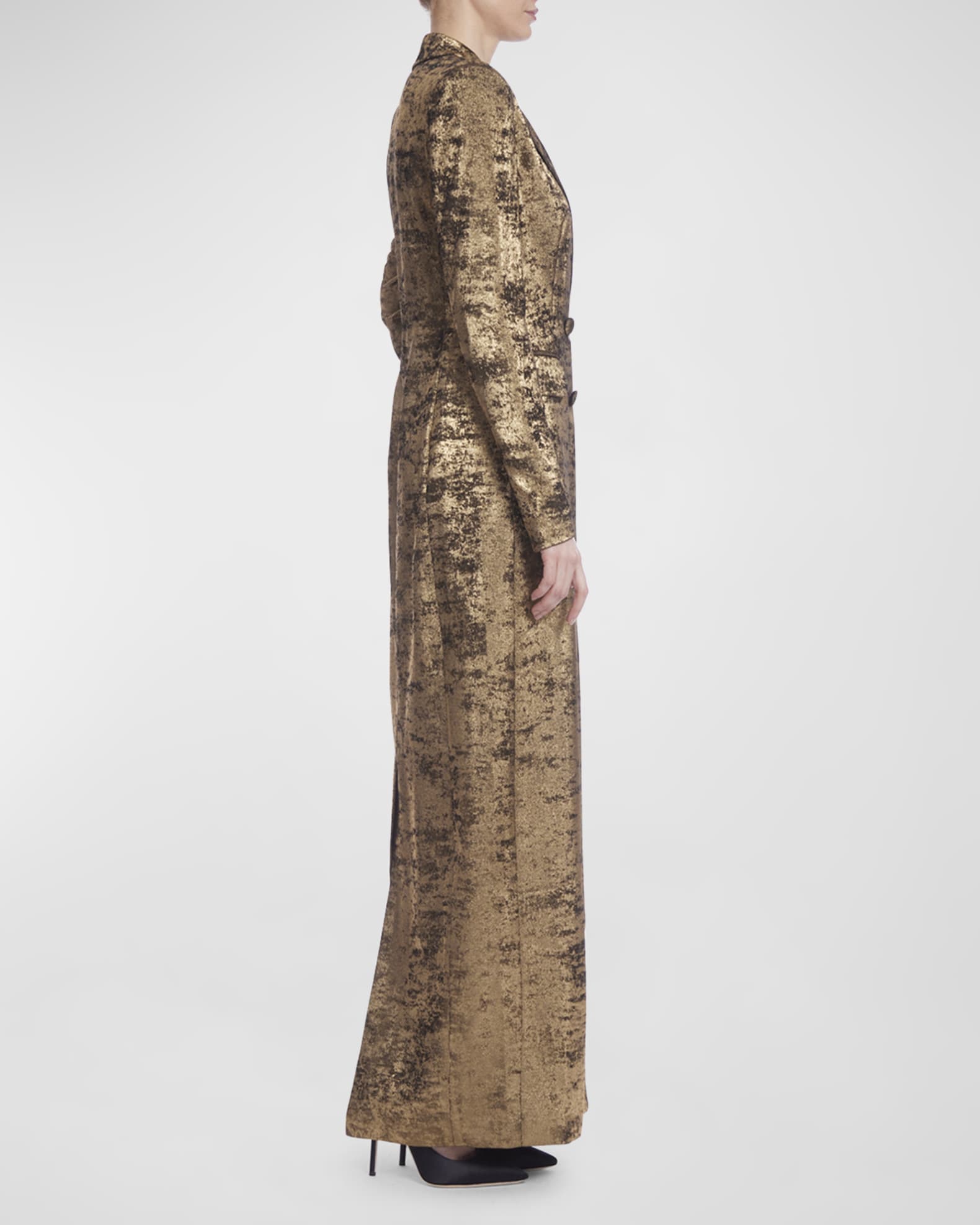 Badgley Mischka Women s Metallic Foiled Velvet Coat Dress Natural Maxi Dresses