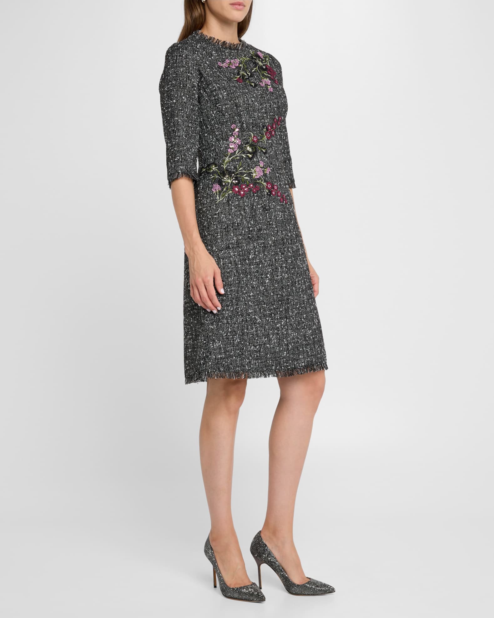 Fringe-Trim Floral Applique Tweed Dress 1