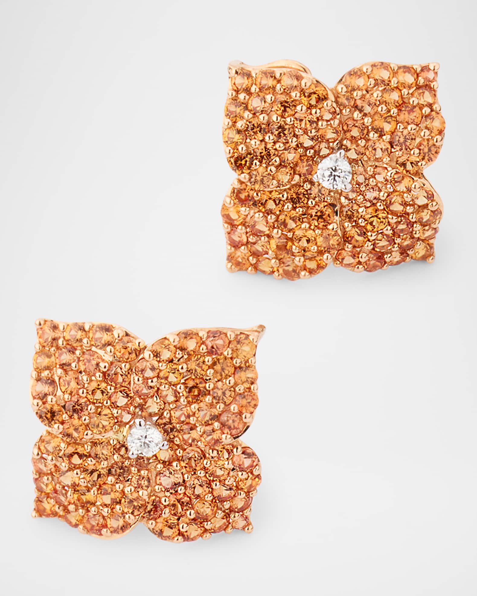 18K Rose Gold Orange Sapphire and Diamond Flower Earrings 0