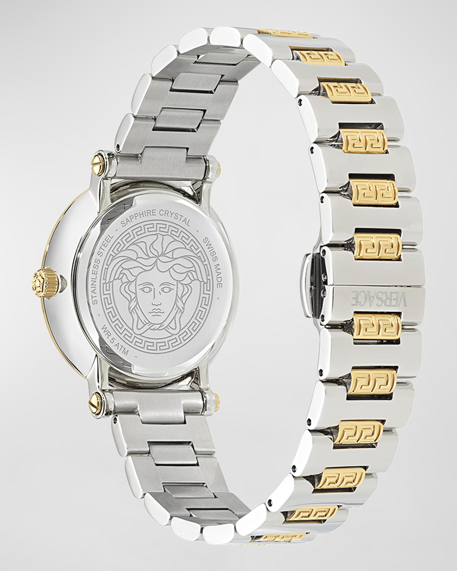 Versace 35mm Greca Sphere Watch with Bracelet Strap, Steel/Gold ...