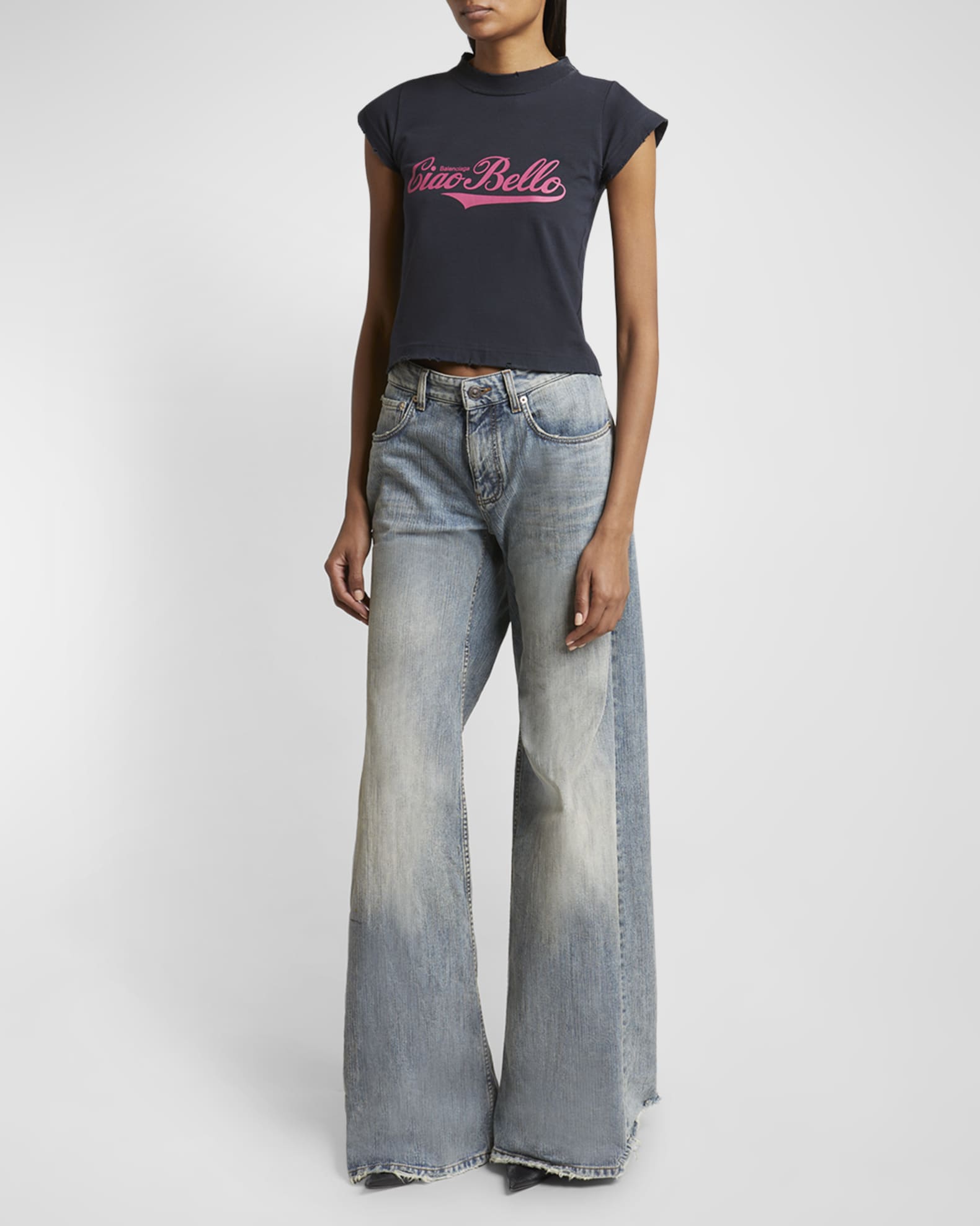 Balenciaga Logo Distressed Crop Shrunk T-Shirt | Neiman Marcus