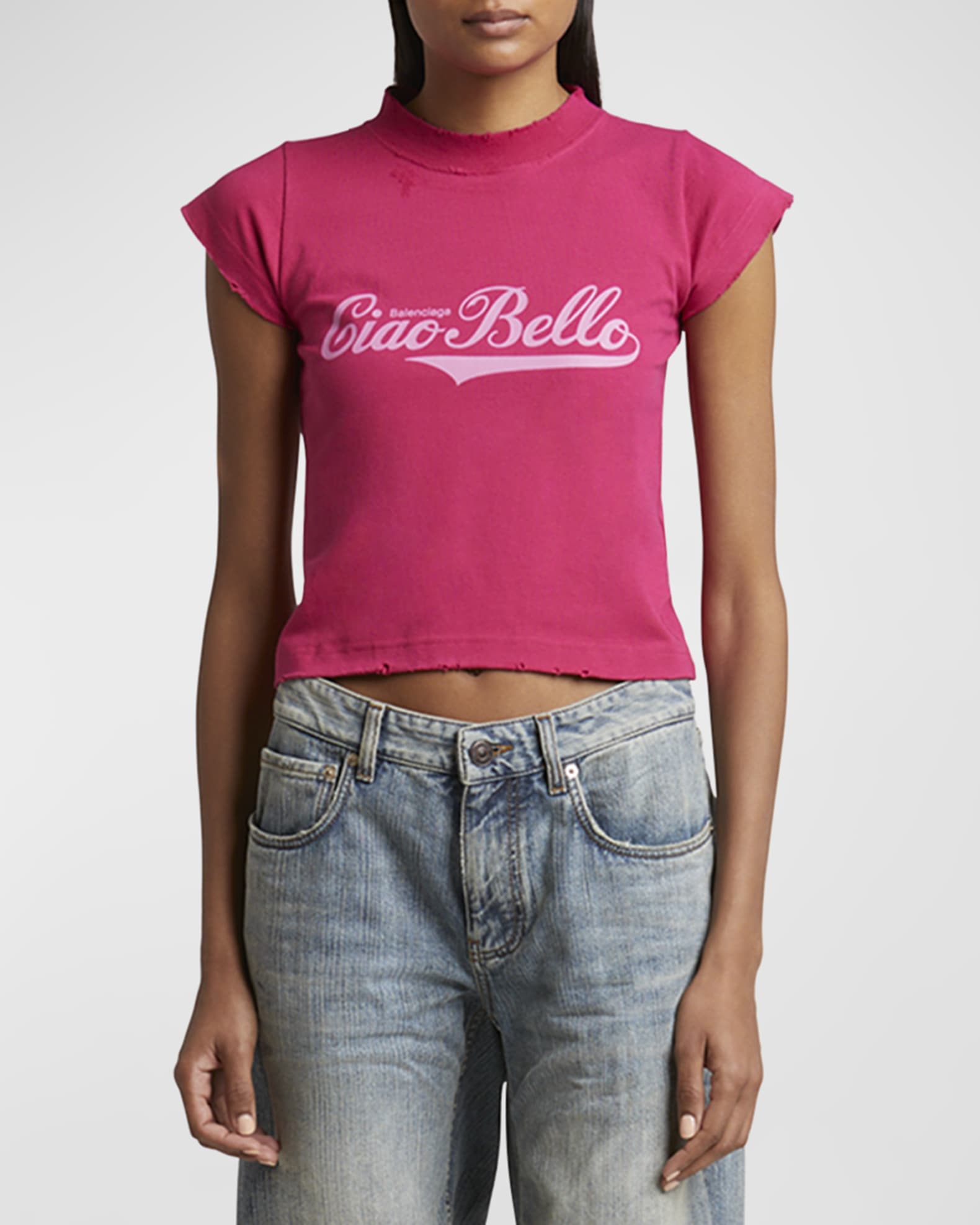 Balenciaga Logo Distressed Crop Shrunk T-Shirt | Neiman Marcus