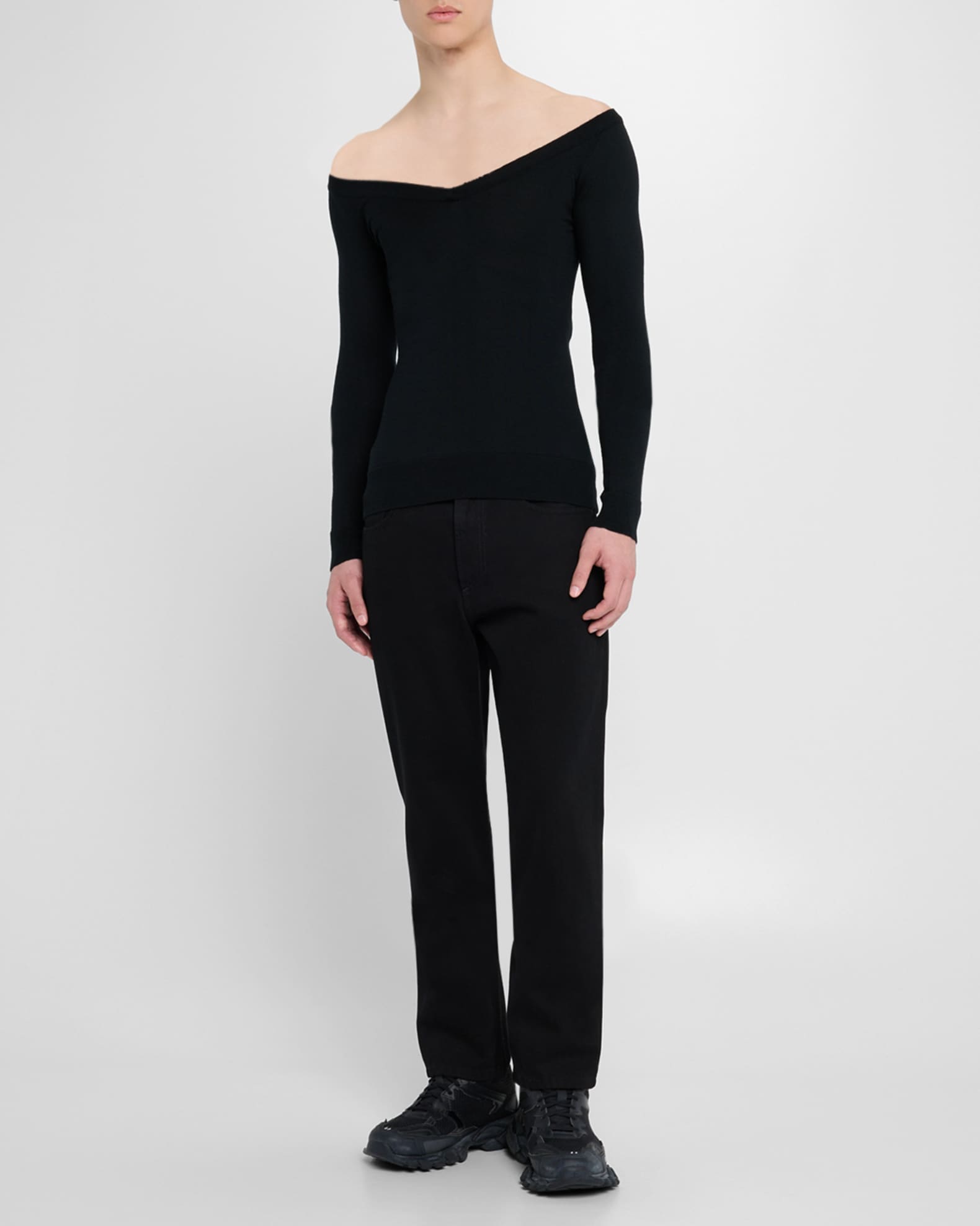 Off Shoulder V Neck Sweater - Thumbnail 2