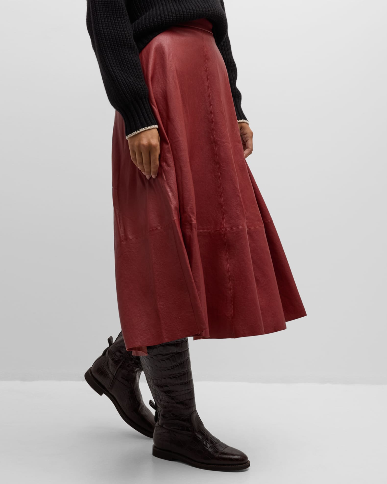 Brunello Cucinelli Natural Washed Leather Midi Circle Skirt