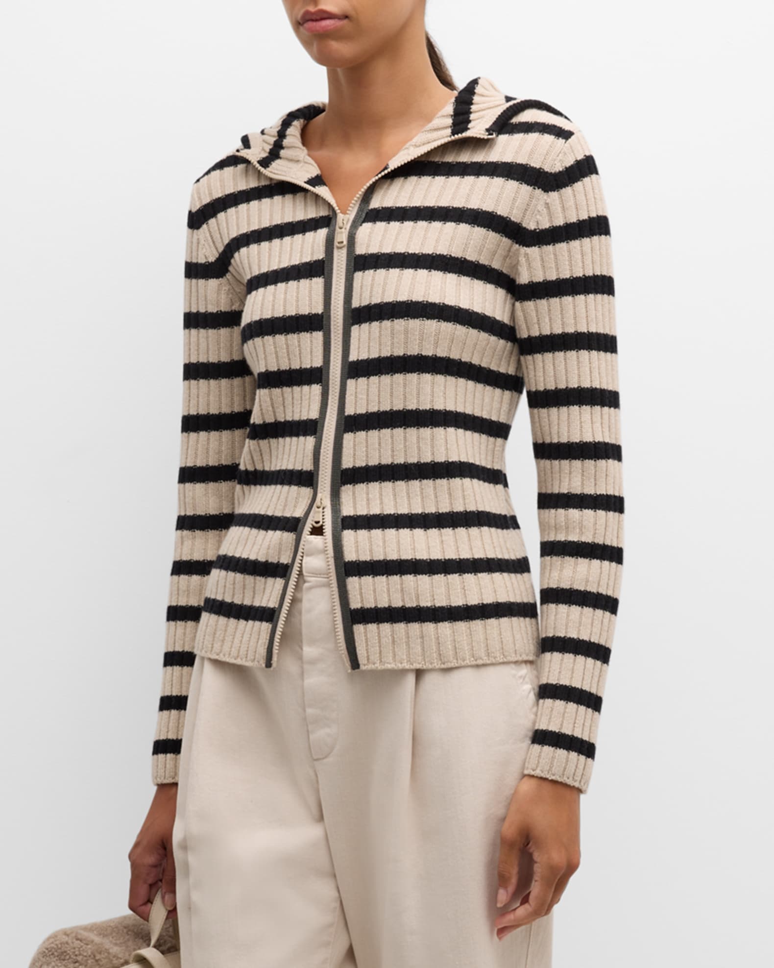 Cashmere Striped Zip-Up Cardigan